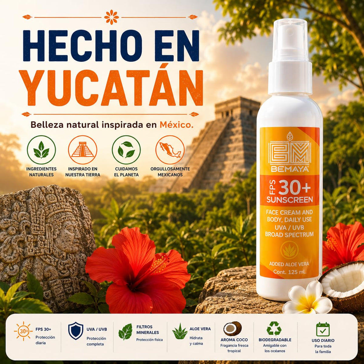 Bloqueador Solar Mineral Bemaya Coco FPS 30+ Biodegradable para Piel Sensible