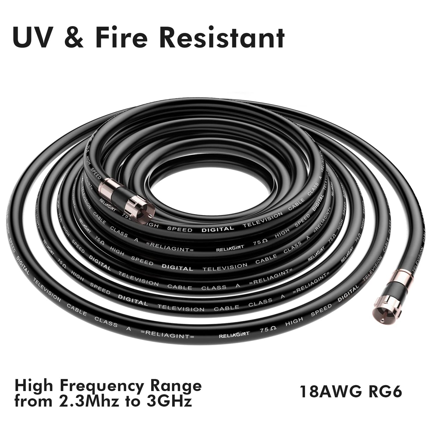 RELIAGINT - Cable coaxial RG6 de 125 pies, negro 75 ohmios con conector F, adaptador de extensión hembra F81, cable coaxial de alta velocidad de baja pérdida para TV HD, antena parabólica, satélite