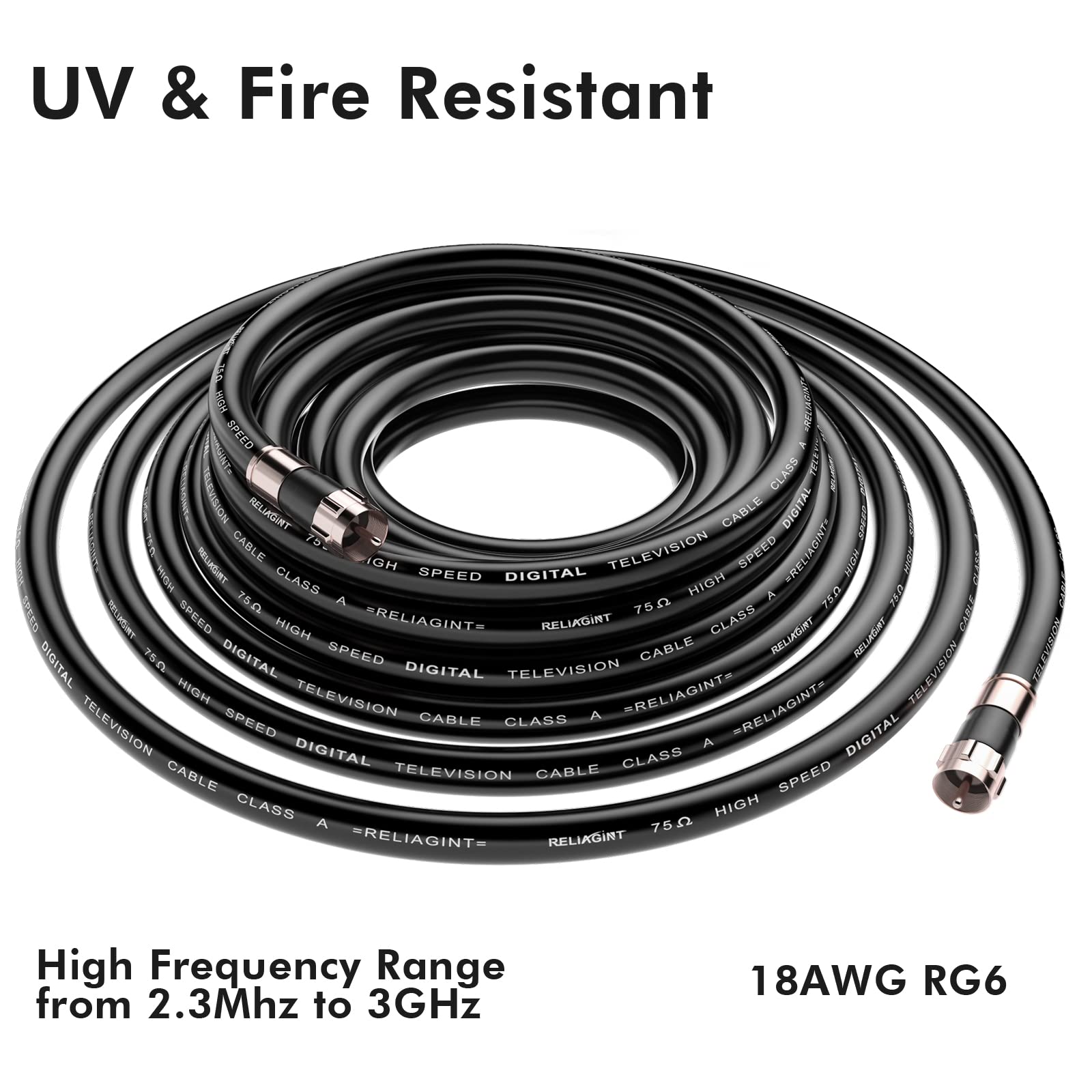 RELIAGINT - Cable coaxial RG6 de 125 pies, negro 75 ohmios con conector F, adaptador de extensión hembra F81, cable coaxial de alta velocidad de baja pérdida para TV HD, antena parabólica, satélite