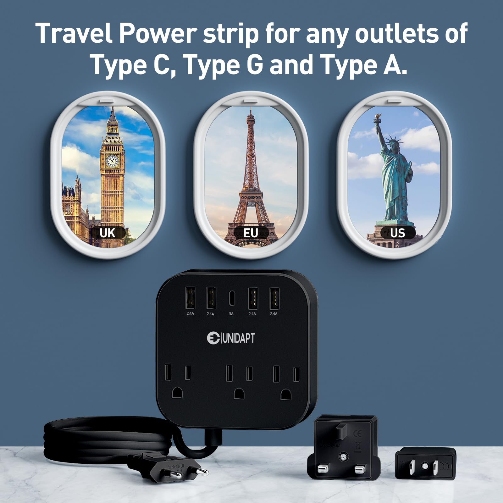 Adaptador de Enchufe Europeo Unidapt Negro con Regleta y Cable de Extensión de 5 Pies