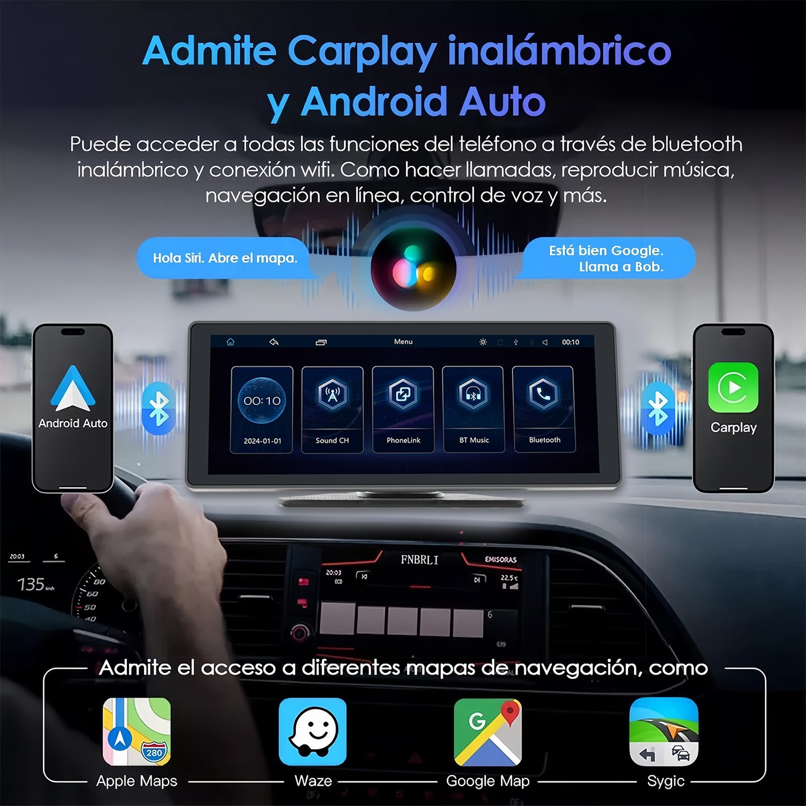 FINYQBET Autoestéreo para Carro con Pantalla de 10.26 Pulgadas, Compatible con Apple CarPlay y Android Auto Inalámbrico, Bluetooth 5.0, Soporte para Cámara de Respaldo y Grabación de Video