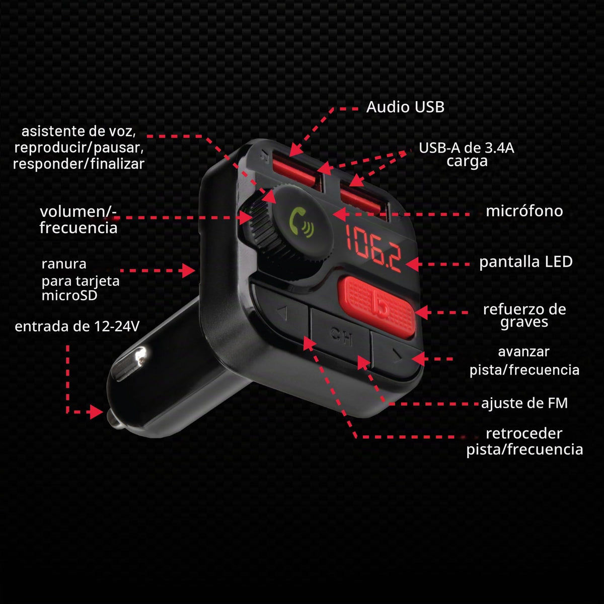 Transmisor FM Bluetooth Monster Negro con Tarjeta SD y Micrófono para Coche