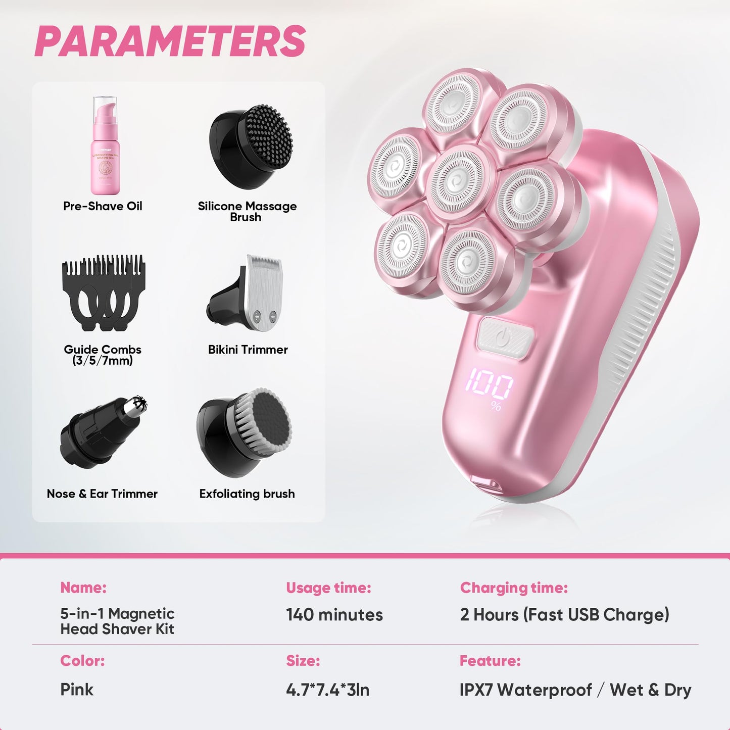 Afeitadoras de cabeza para hombres calvos, maquinilla de afeitar eléctrica con cabezales de afeitar magnéticos 7D, kit de recortadora de cabeza calva impermeable para mujeres y hombres, recortadora de