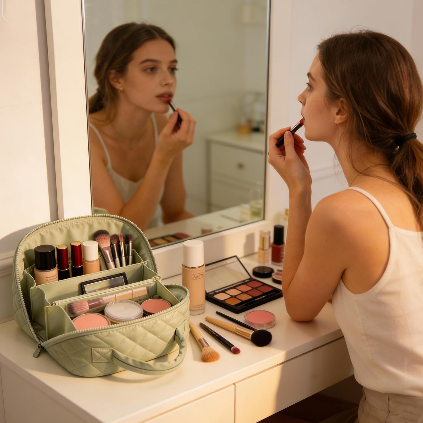 BQFLY - Bolsa de maquillaje plana para maquillaje de viaje que abre cosméticos - Juego de 3 bolsas lavables para mujer y ir - Estuche grande para mujer, color verde, para maquillaje My Parallel Bah