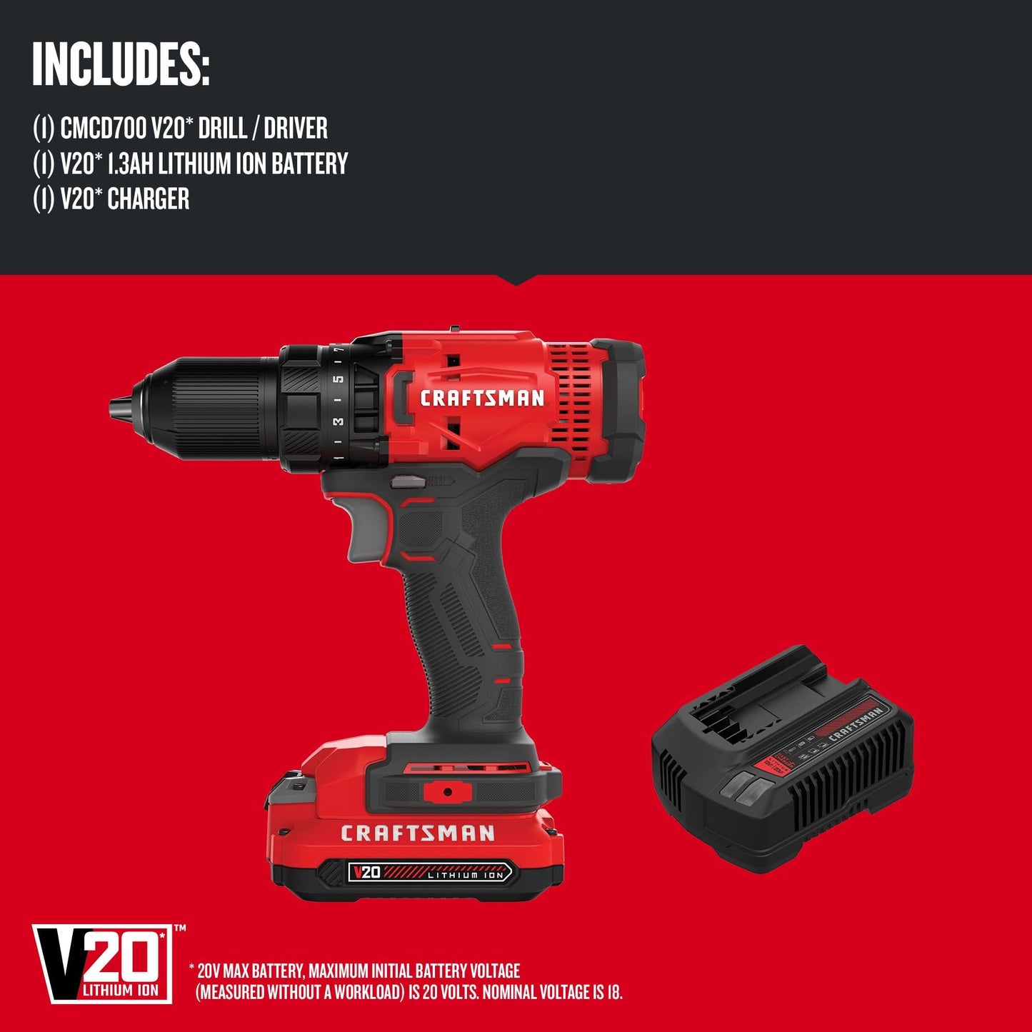 CRAFTSMAN - V20* Kit de taladro/desarmador inalámbrico (CMCD700C1)
