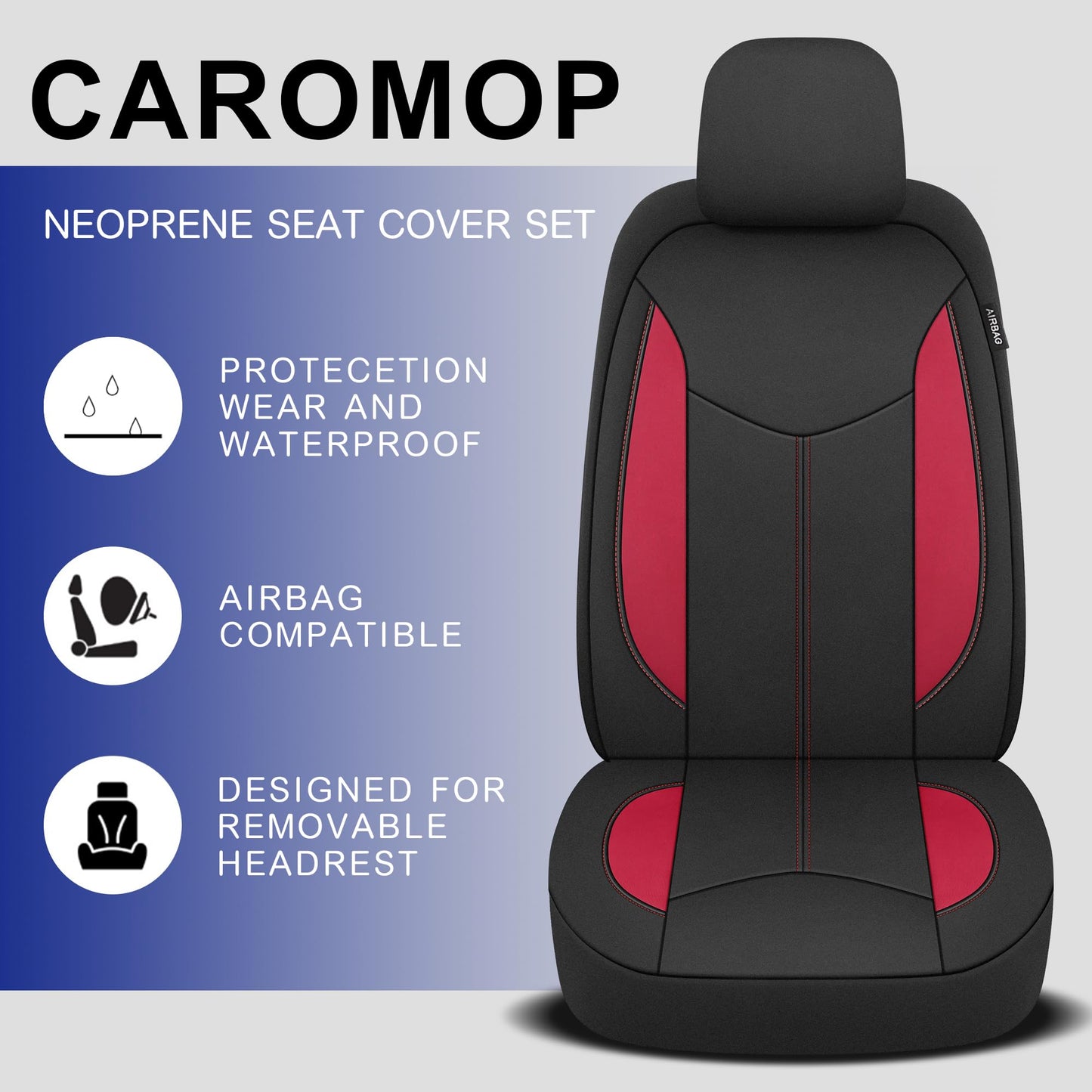 CAROMOP - Funda de neopreno para asientos de auto, 2 asientos delanteros, fundas impermeables para asiento con ajuste universal, aptas para la mayoría de automóviles, camiones y SUV (negro/rojo)