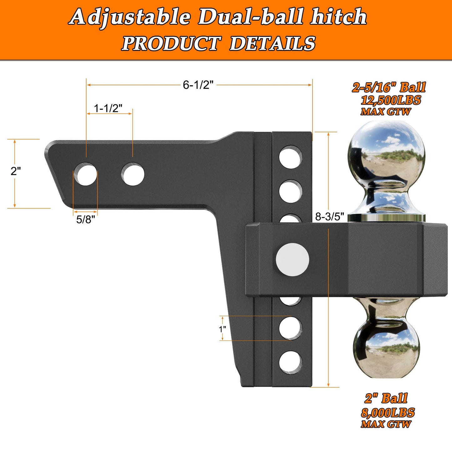 VNN - Enganche ajustable para remolque – Se adapta solo a receptor de 2 pulgadas, enganche de caída de aluminio de 6 pulgadas, soporte de bola doble resistente (2 pulgadas y 2-5/16 pulgadas), GTW de