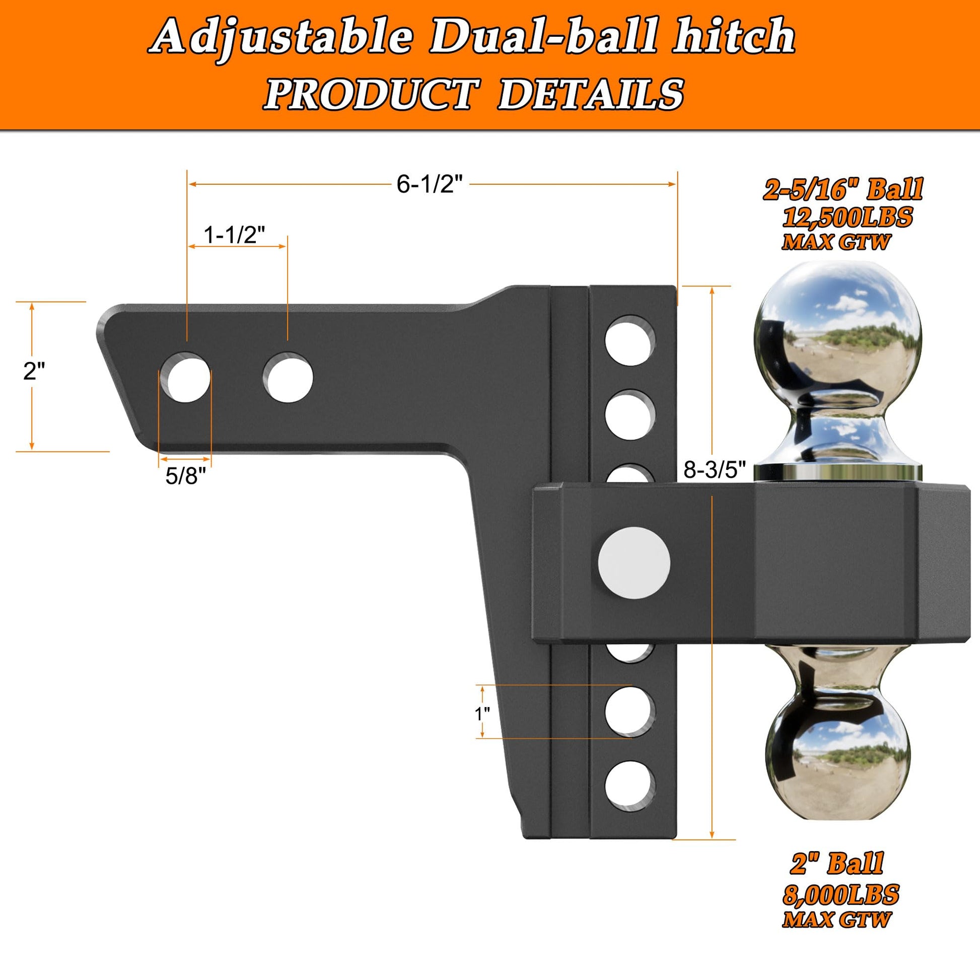 VNN - Enganche ajustable para remolque – Se adapta solo a receptor de 2 pulgadas, enganche de caída de aluminio de 6 pulgadas, soporte de bola doble resistente (2 pulgadas y 2-5/16 pulgadas), GTW de