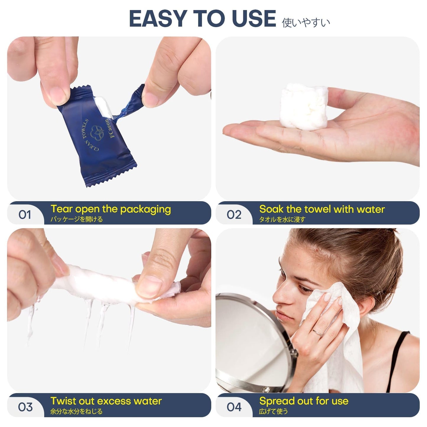 FCaeon Toalla Desechable Comprimida Espesa Grande,Toallita Facial Suave Reutilizable Pañuelo de Algodón Portátil para Viaje,Camping,Senderismo,Hotel,Salón de Belleza,Aire Libre(Azul Oscuro 50 Unidad)