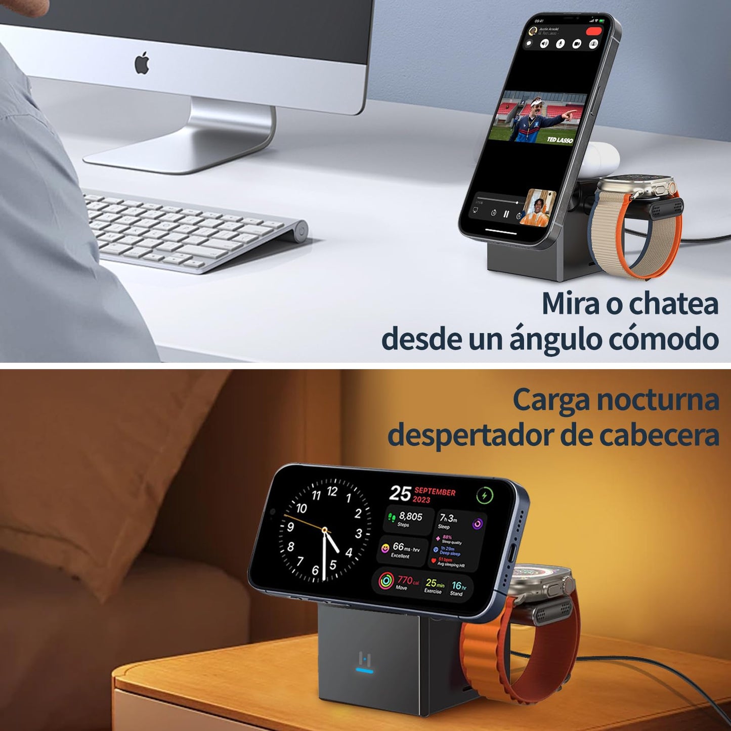 Carga Inalámbrico para iPhone Magsafe, Soporte de Carga Inalámbrico con QC3.0 25W Adaptador de Carga Rápida, Qi Estación de Carga Inalámbrica Compatible con iPhone 16/15/14/13/12, Airpods, Apple Watch