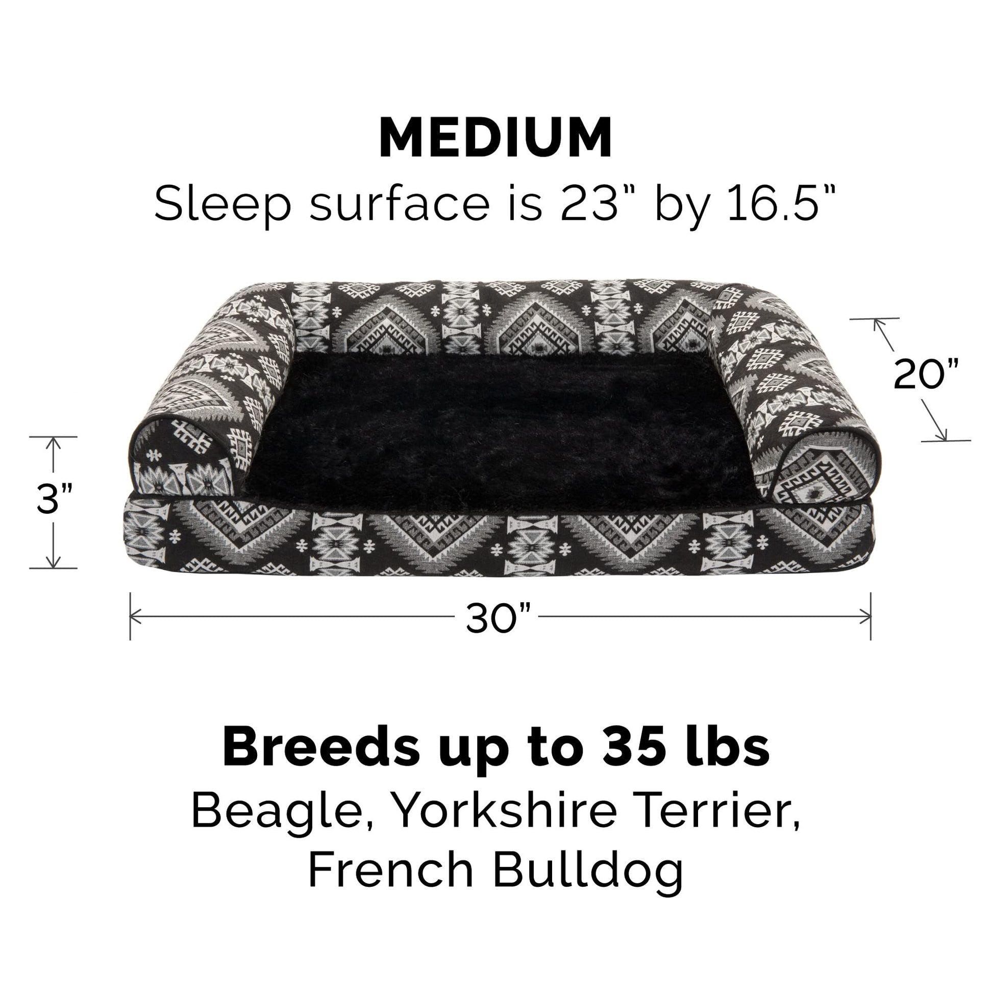 Furhaven Medium Orthopedic Dog Bed Plush & Southwest Kilim Decor Sofa-Style w/Removable Washable Cover - Black Medallion, Medium