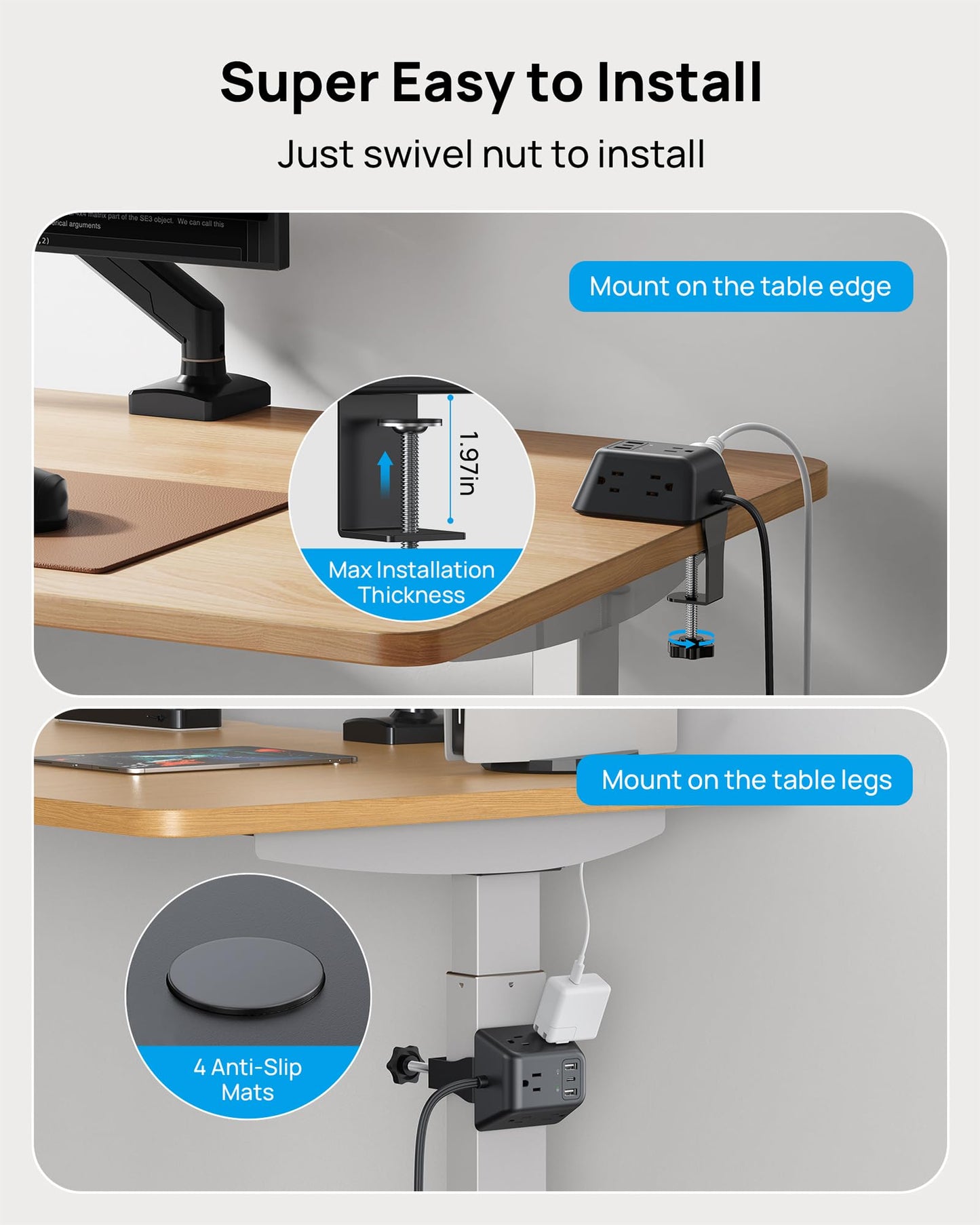 TROND Regleta Multicontacto con Abrazadera 1.8M, 5 Tomas AC y 3 Puertos USB, Protector de Sobretensión, Montaje en Escritorio, Apto para Mesas de 1.97", Ideal para Hogar, Oficina y Juegos,Negro