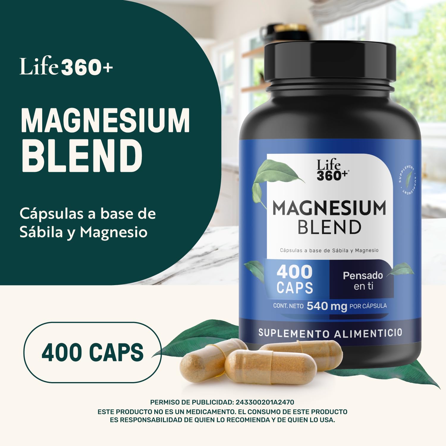 LIFE 360+ MAGNESIUM BLEND|Con 4 Magnesios: Oxido, Glicinato, Gluconato y Citrato de Magnesio | Cápsulas a base de colágeno hidrolizado, magnesio y vitaminas | Suplemento Alimenticio | 400 cápsulas