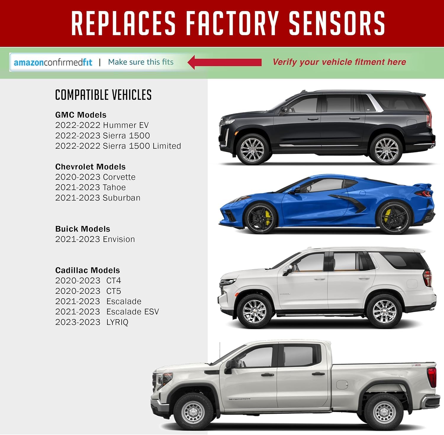 PDQ TPMS - Sensor de presión de neumáticos de 433 MHZ, paquete de 4 vástagos de goma para Chevy GMC Cadillac Buick Pontiac Reemplazo directo para OE Parte # 13533166 | 13542523