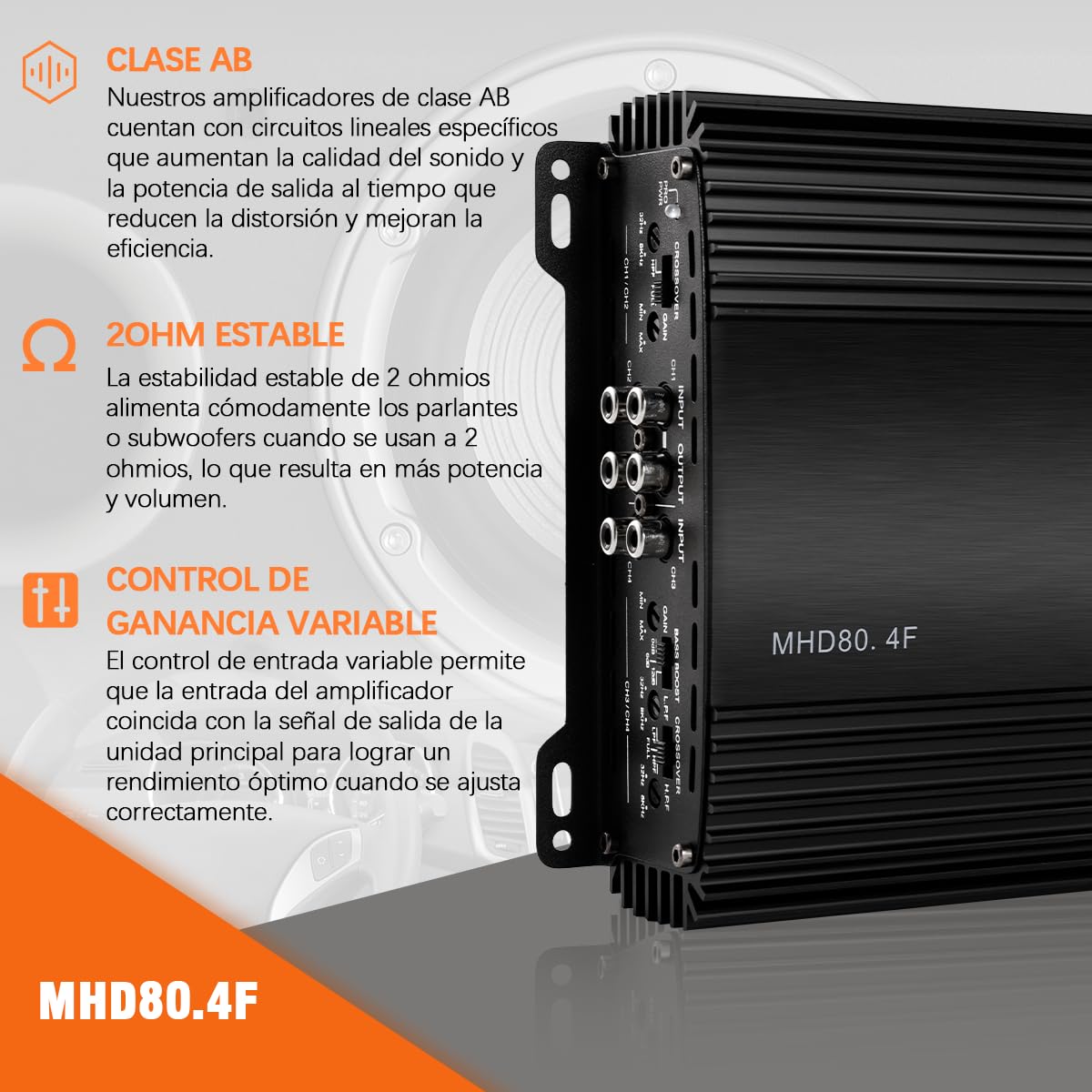 AUDISHAKO 1200W Amplificador de Audio para Coche de 4 Canales,Amplificador para Auto de Clase A/B, 2 Ohm 160W x 4 Canales, Coches Deportivos y Otros Sistemas de Audio para Coche