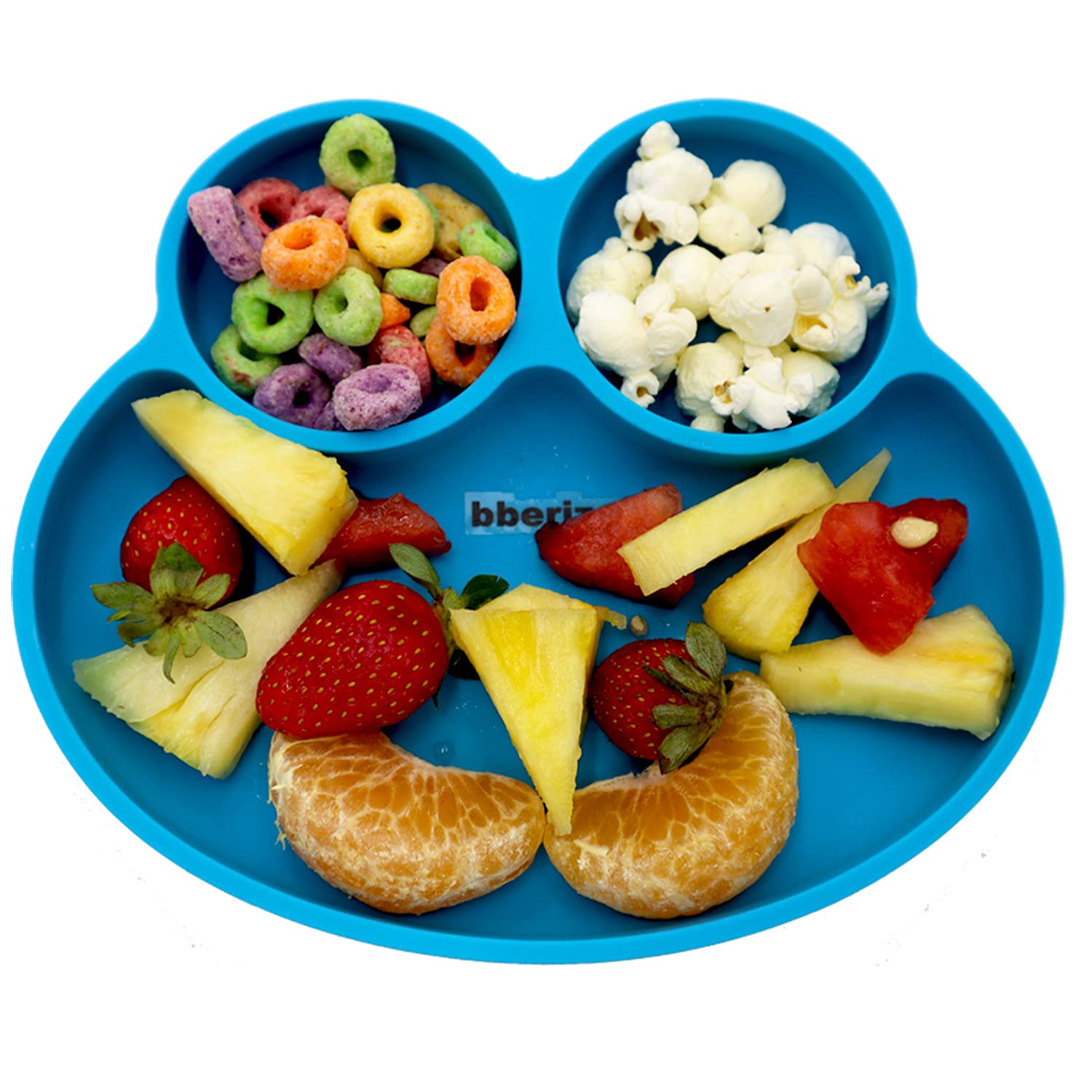 BBERIZOS Plato Antideslizante de Silicon, Cuchara Suave Encías para Bebé, Set Alimentación Complementaria de Silicona, Platos para Bebé con Divisiones, Vajilla para Niños Grado Alimenticio, Charola Silicon Alimentos Sólidos y BLW (Azul)