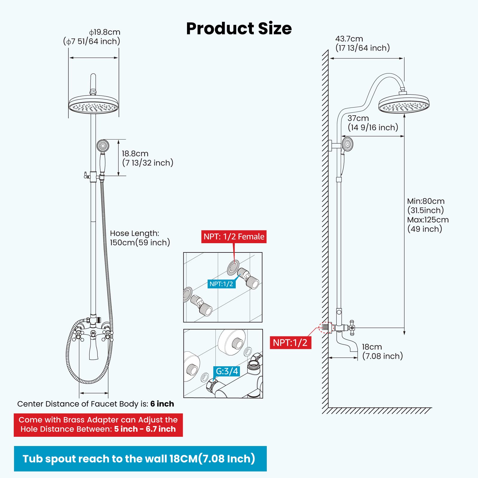 Gotonovo - Sistema de ducha de baño expuesto, accesorio de ducha clásico de 8 pulgadas, cabezal de ducha de lluvia de mano, llenador de tina de latón de 3 funciones, montaje en pared, doble perilla de