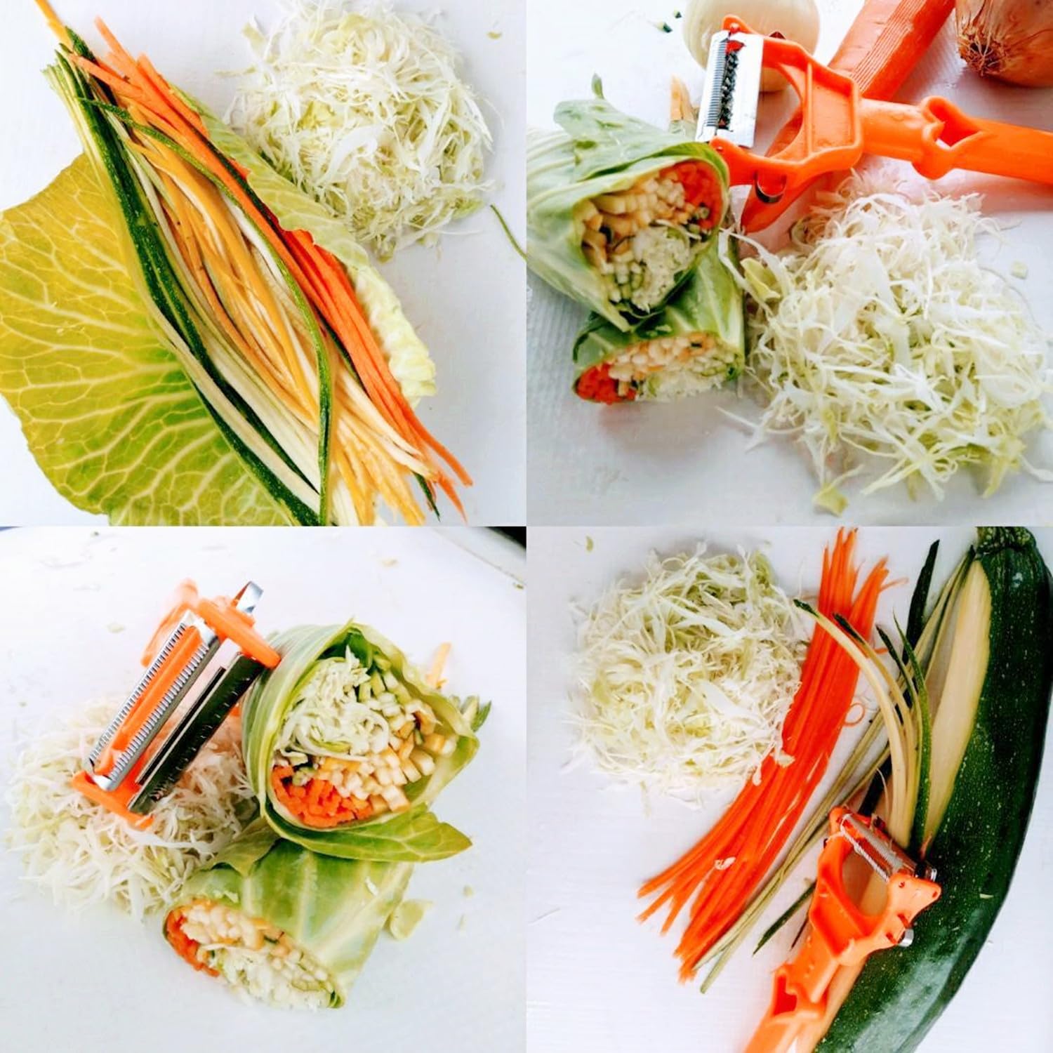 Cocororo Pelador, pelador de frutas y verduras, doble cuchilla multifuncional, tiras de juliana para patata, naranja, limón, con exprimidor de limón y espiral de papa (1 juego)
