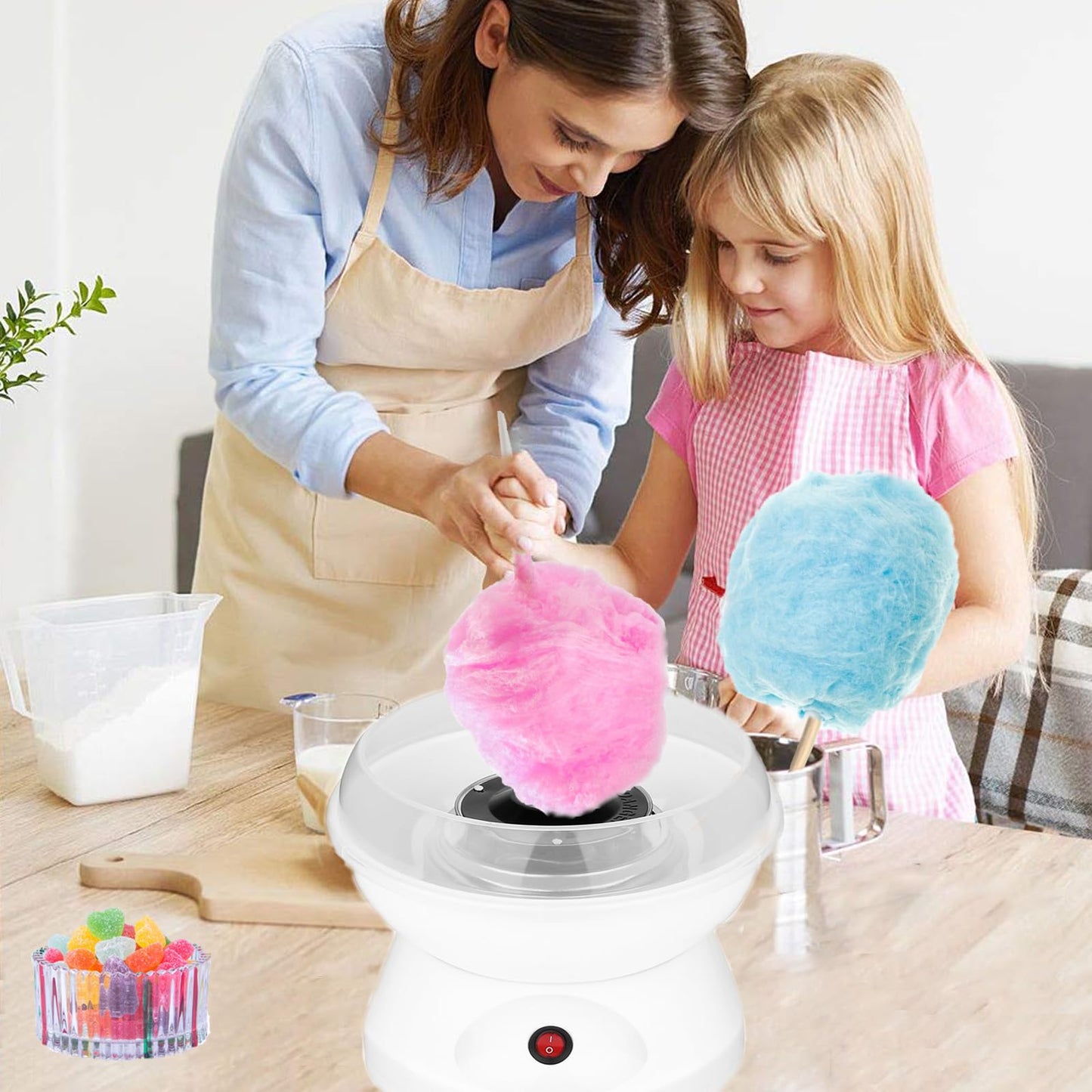 Máquina de Algodón de azucar, Mini Máquina de Algodón, Máquina de Algodón Eléctrica Portátil, con 10 Palitos de Malvavisco y Cucharas de Azúcar, para Fiestas de Cumpleaños y Eventos Familiares(Rosa)