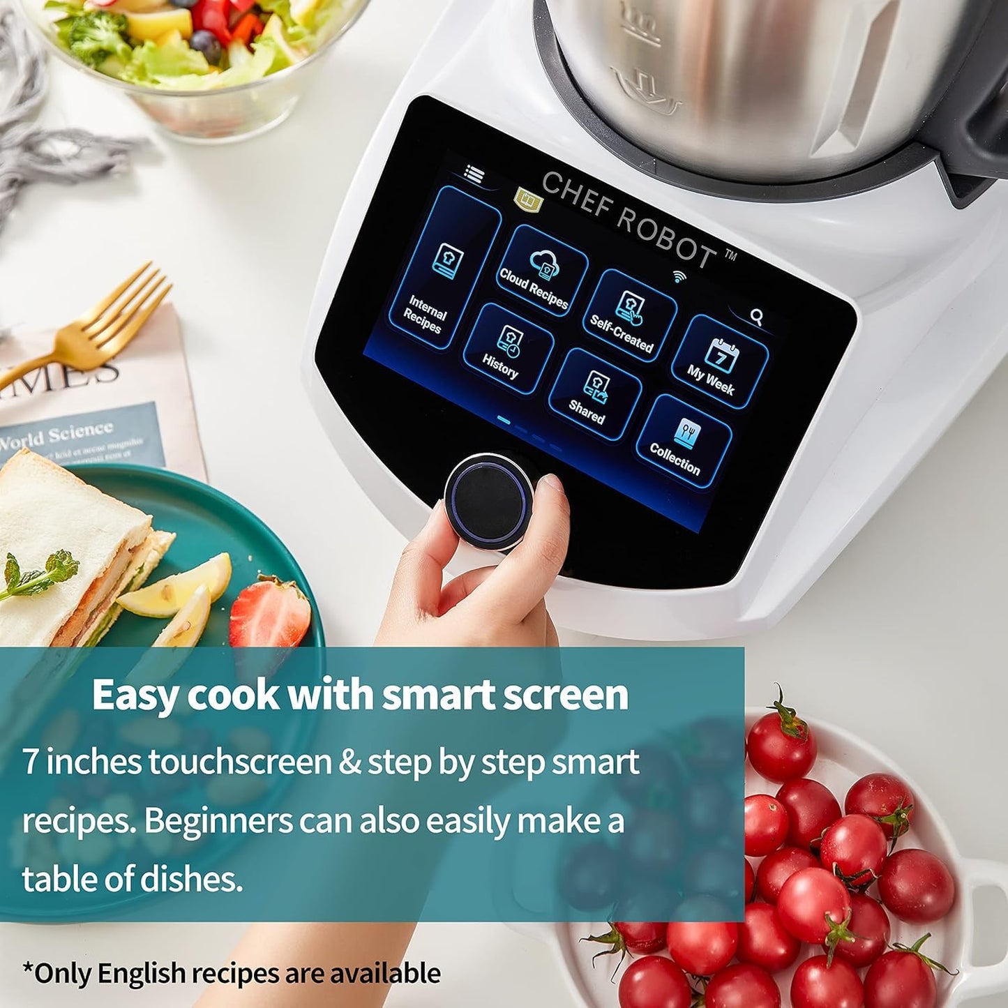 ChefRobot Smart Procesador de alimentos UltraCook Máquina de cocción automática todo en uno, capacidad de 3.5L, más de 600 recetas en línea, escala integrada, visualización TFT de 7 pulgadas,