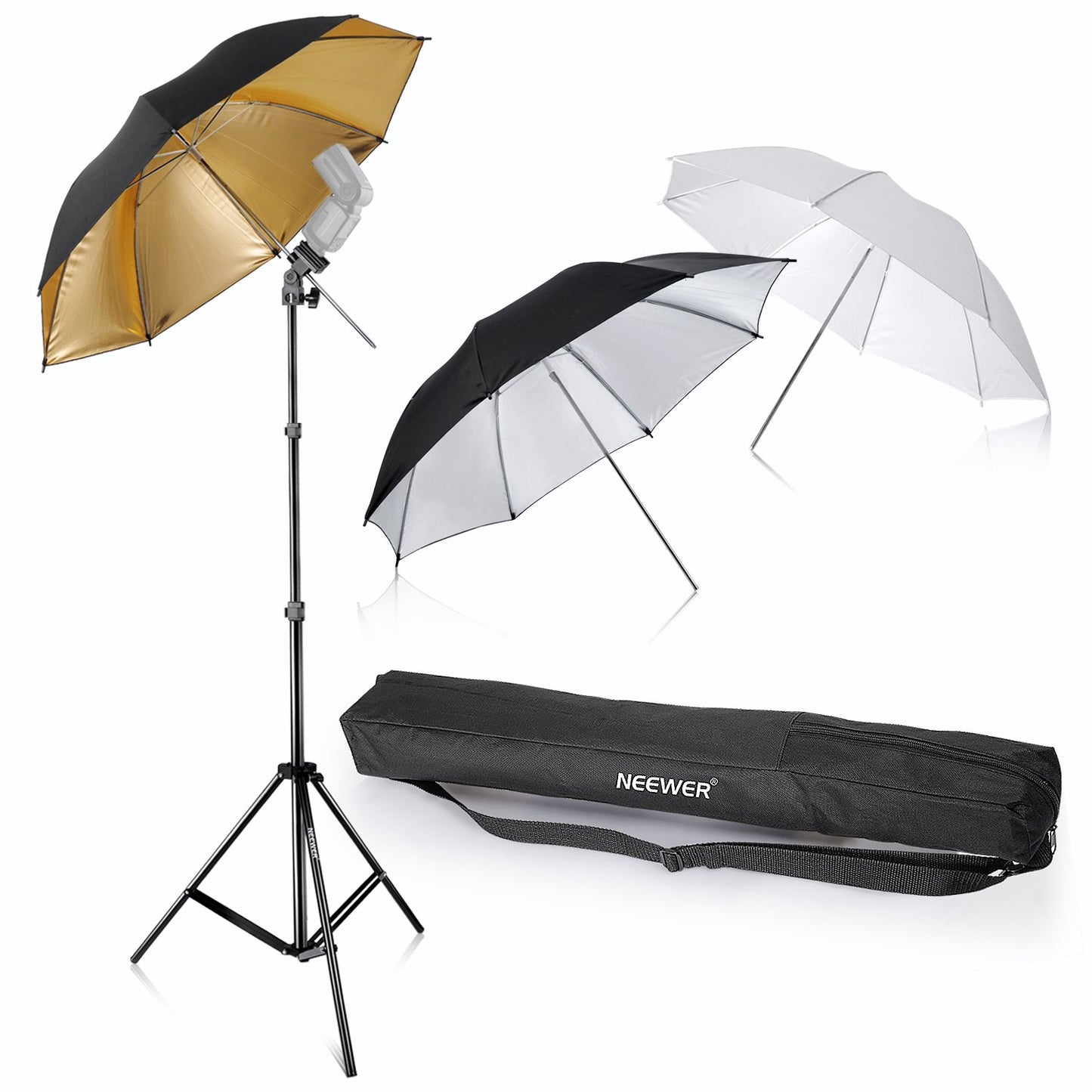 Neewer® Kit de Tres Paraguas, 84 cm, Blanco, Suave, Plateado, Reflectante, Dorado, para Canon 430EX II, 580EX II, Nikon SB600 SB800, Yongnuo YN 560, YN 565, TT560, TT680