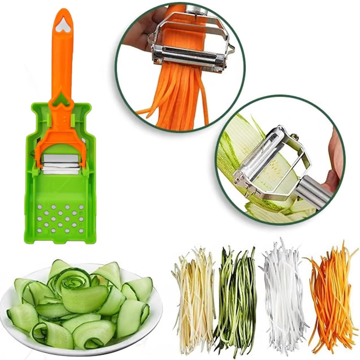 Cocororo Pelador, pelador de frutas y verduras, doble cuchilla multifuncional, tiras de juliana para patata, naranja, limón, con exprimidor de limón y espiral de papa (1 juego)
