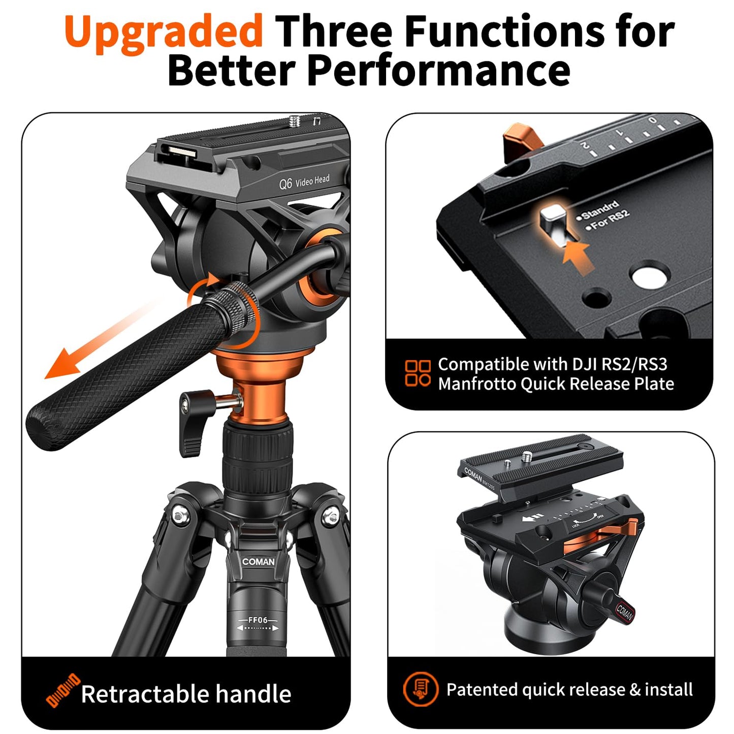 Cámara Profesional trípode de vídeo Monopode, Cabeza fluida de 72 Pulgadas, Placa QR Compatible con la Cámara SLR dji RS Gimbal manfrotto Canon Nikon para 17,6 Libra