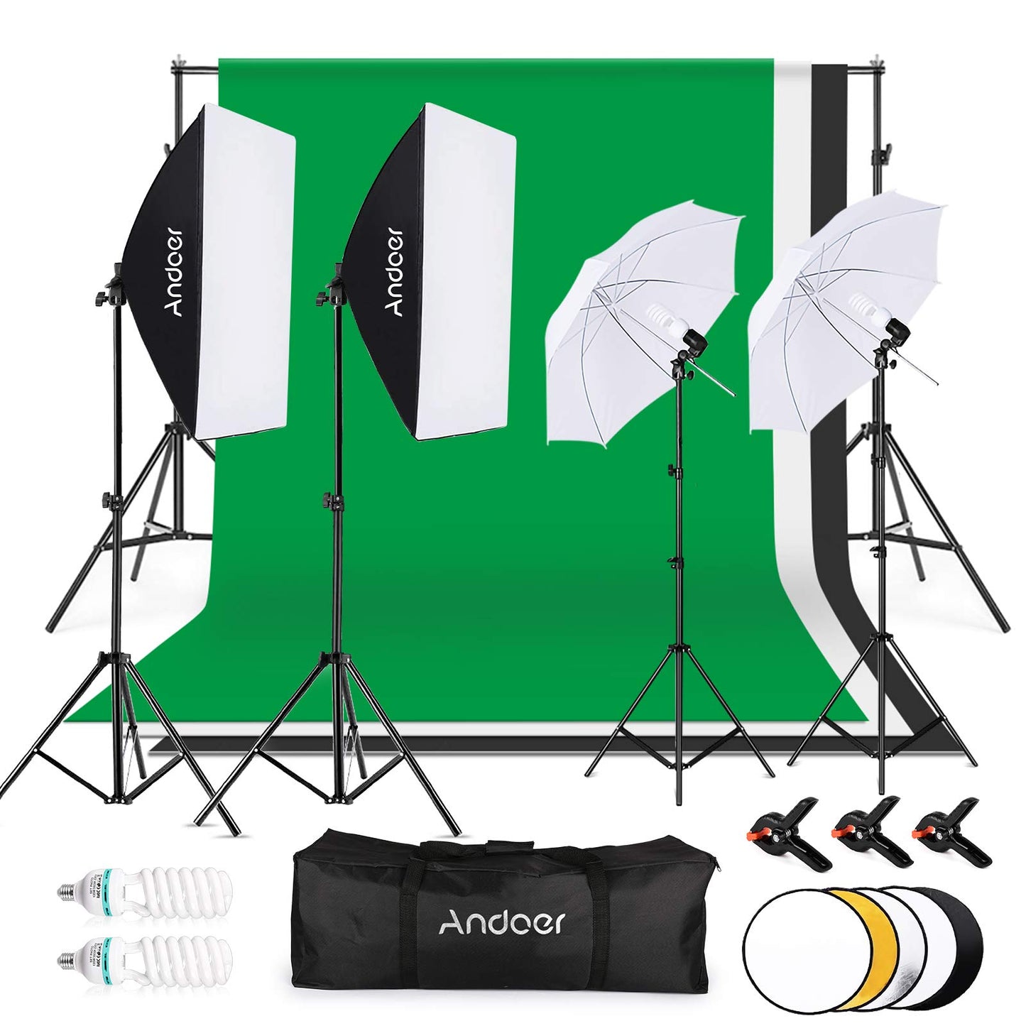 Photography Kit 1.8 * 2.7m Camara para Grabar Videos de Verde Blanco Negro 3pcs en Forma de Pez 1pc 60cm 5in1 Reflector de Fotografía 2pcs 33 Pulgadas Paraguas de Luz Blanca Suave fotografia