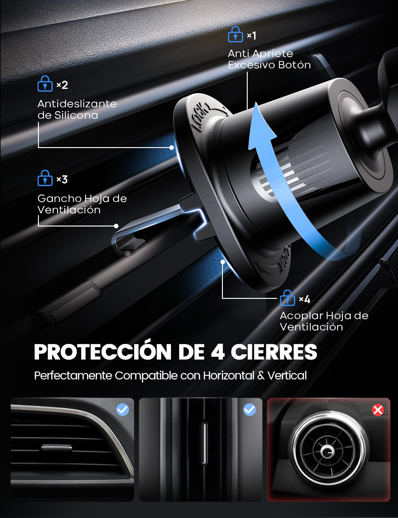 Lamicall Soporte Celular Auto - [Compatible con Fundas Gruesas] Abrazadera más Ancho y Gancho Metálico, Porta Celular Auto Base para Celular Automovil Carro Car Compatible con Todos Celular