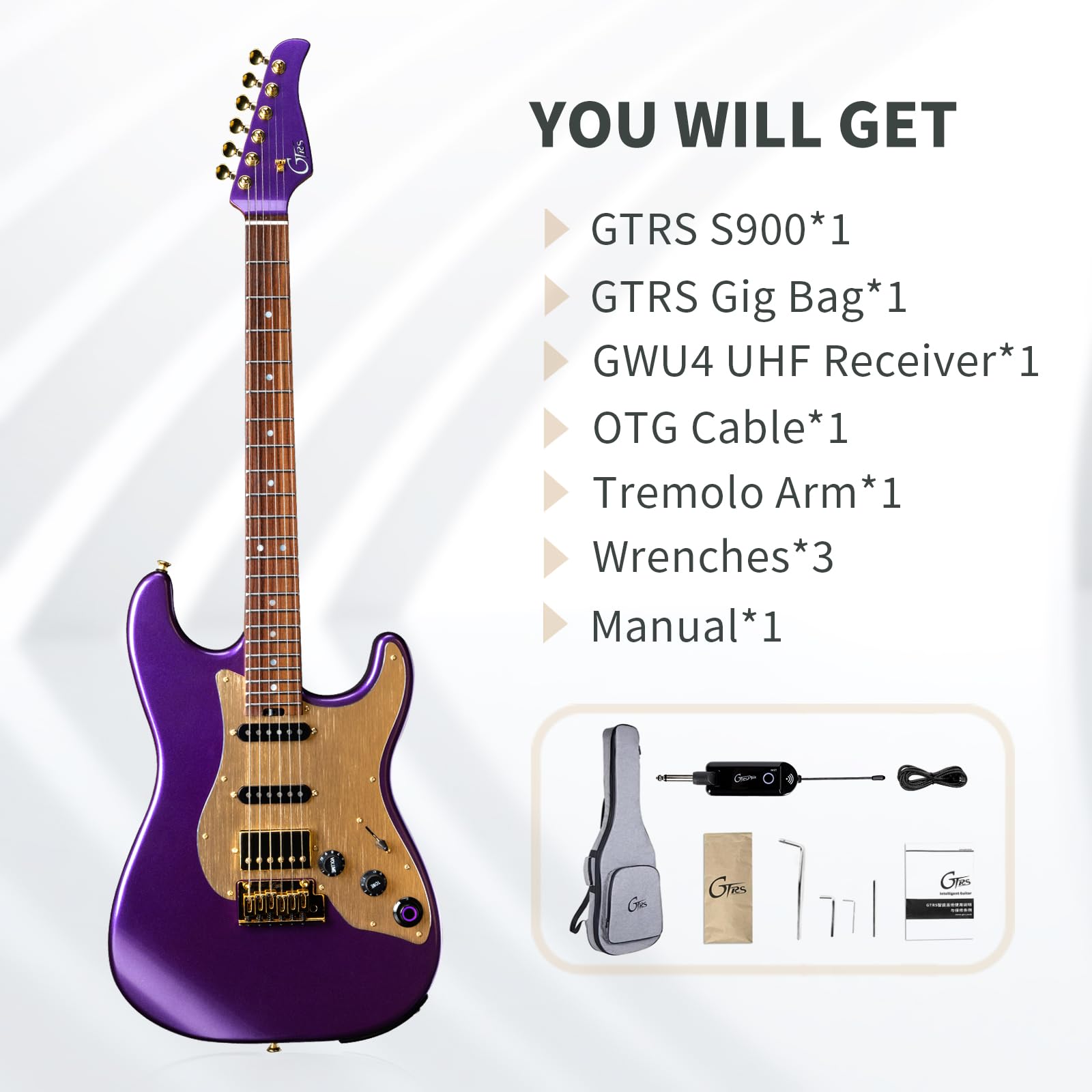 GTRS S900 - Kit de guitarra eléctrica inteligente con transmisor inalámbrico UHF, sistema inteligente de guitarra de práctica con 126 tipos de efectos, bucle de los 80, batería 40, Bettaty Life 10H, 6