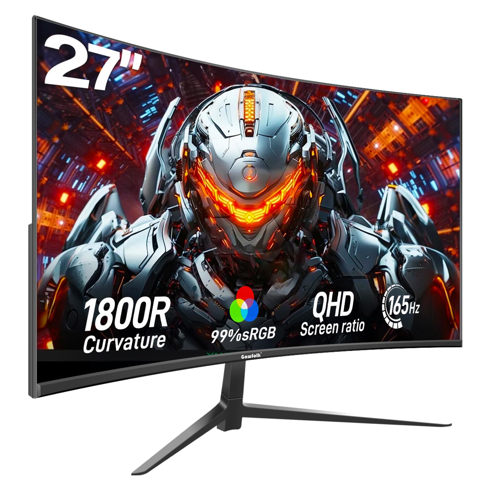 Gawfolk Monitor 27 Pulgadas Gaming Curvo 2K 165Hz, QHD 2560x1440p 144Hz de con AMD FreeSync, sin Parpadeo, HDMI 2.0, DP 1.4, Monitor de PC con Pantalla ultradelgada sin Marco 1800R