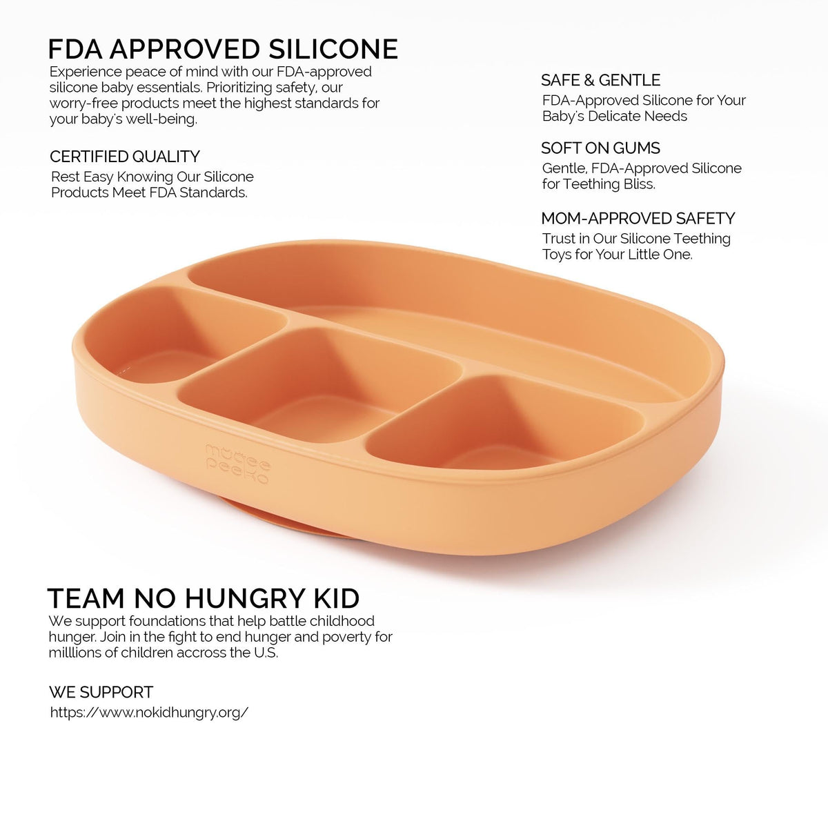 Muqee Peeko Platos con Ventosa para la Comida del bebé con Tapa, Color Albaricoque - Set de Comida para bebés de Silicona Apta para Uso alimentario