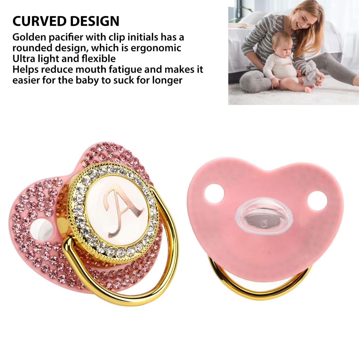 Chupete Dorado para bebé, Chupete Personalizado y Juego de Clips para Chupete, Chupete con Letras A-Z 26 Chupete de Silicona para Recién Nacido, para bebé de 6 a 18 Meses