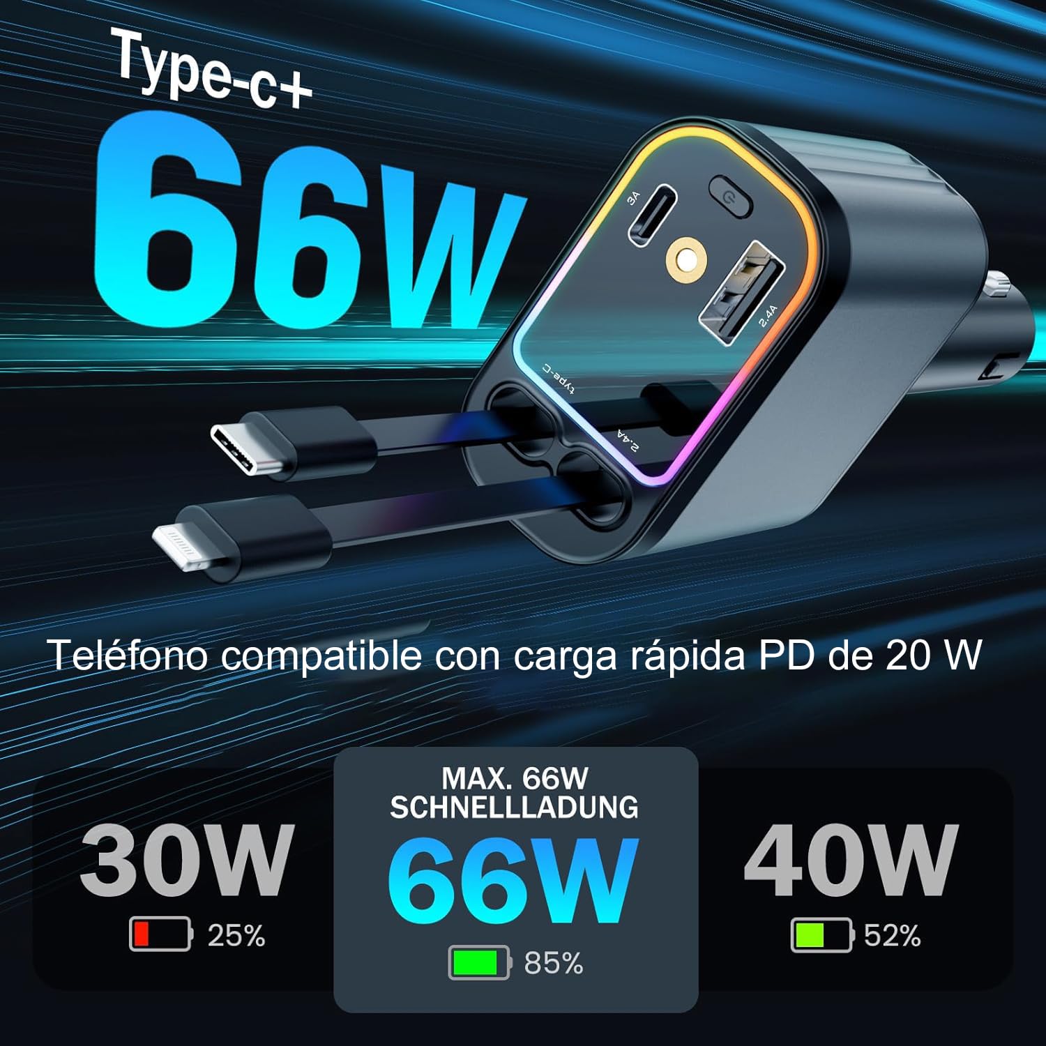 HSZSXJK Cargador de Coche con Starlight, Cargador USB C 4 en 1 de 66 W, Cables retráctiles (80cm) y Adaptador de Cargador de Coche, Compatible con iPhone 15/14/13/12/11 Pro MAX, Galaxy