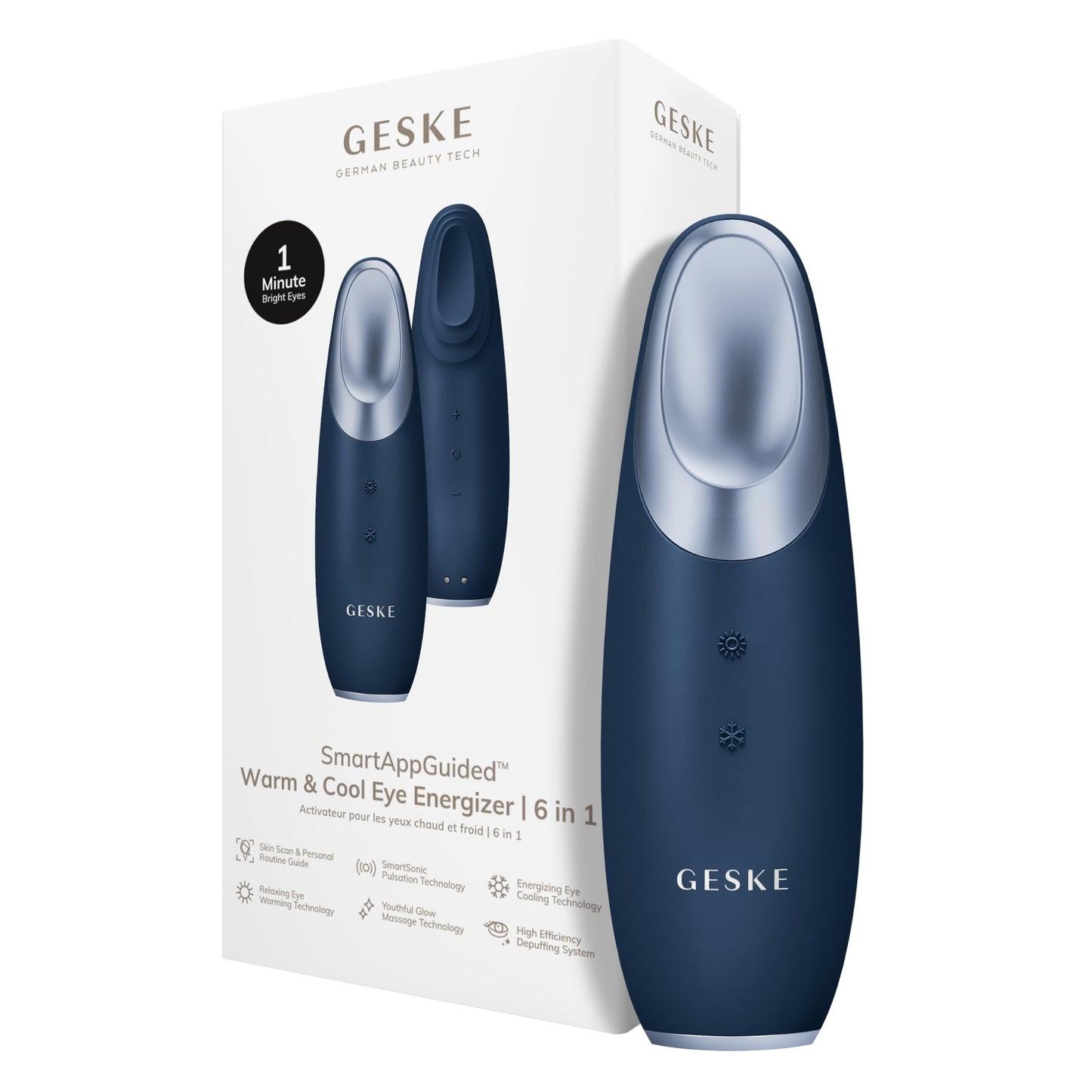 GESKE | SmartAppGuided™ Warm & Cool Eye Energizer | 6 en 1 | Masajeador de ojos | Masajeador anti ojeras | Eliminar bolsas y párpados caídos | Masaje ocular eléctrico