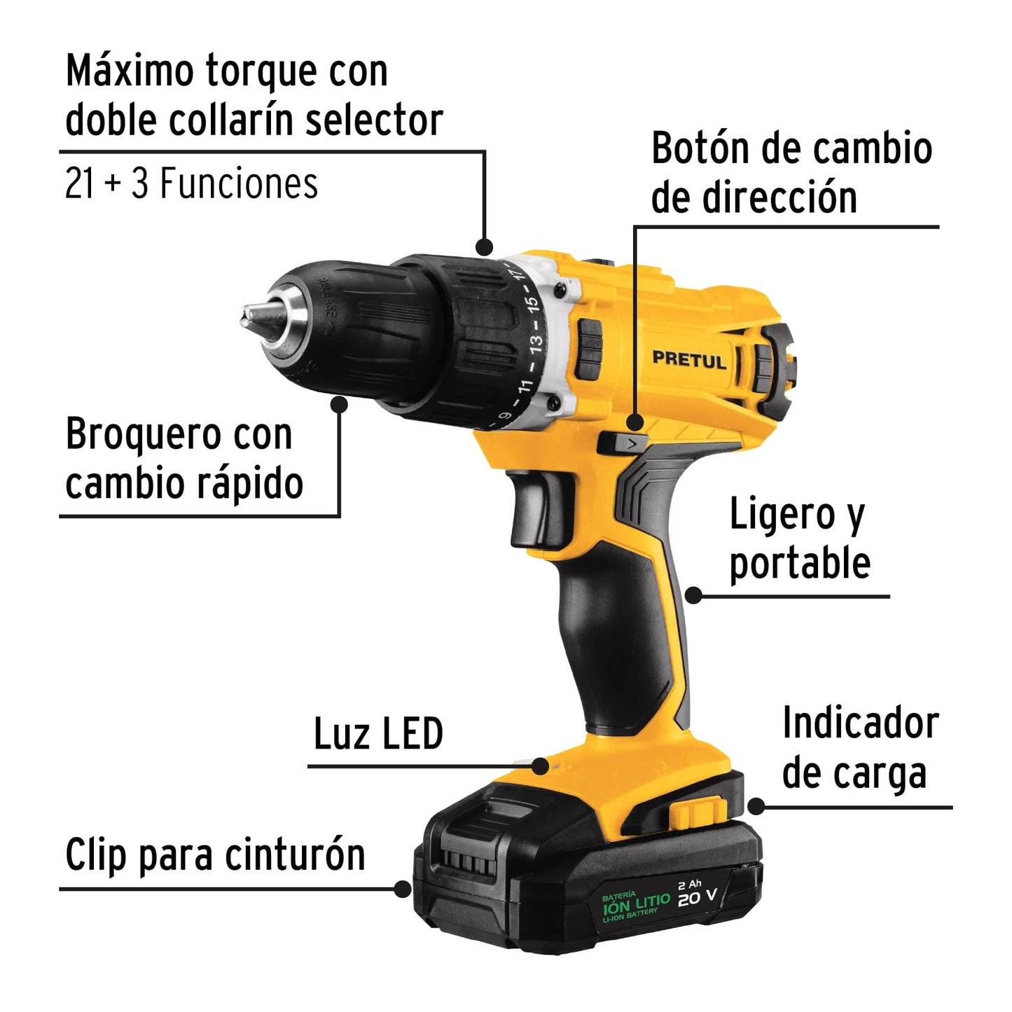 Pretul TALI-20P2, Taladro inalámbrico 1/2", 1 batería Ion Litio 2 Ah, 2 velocidades, 20 V