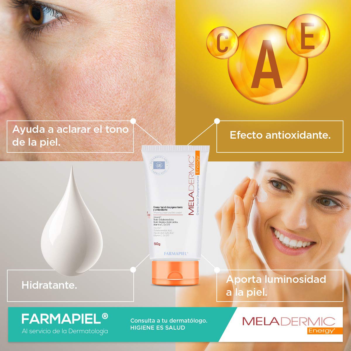 MELADERMIC Energy Crema Facial Despigmentante con Vitamina C | Unifica el Tono de la Piel y Previene Manchas y Pecas | Hidratación Profunda | Crema Antimanchas de Día y Noche | 50 gr