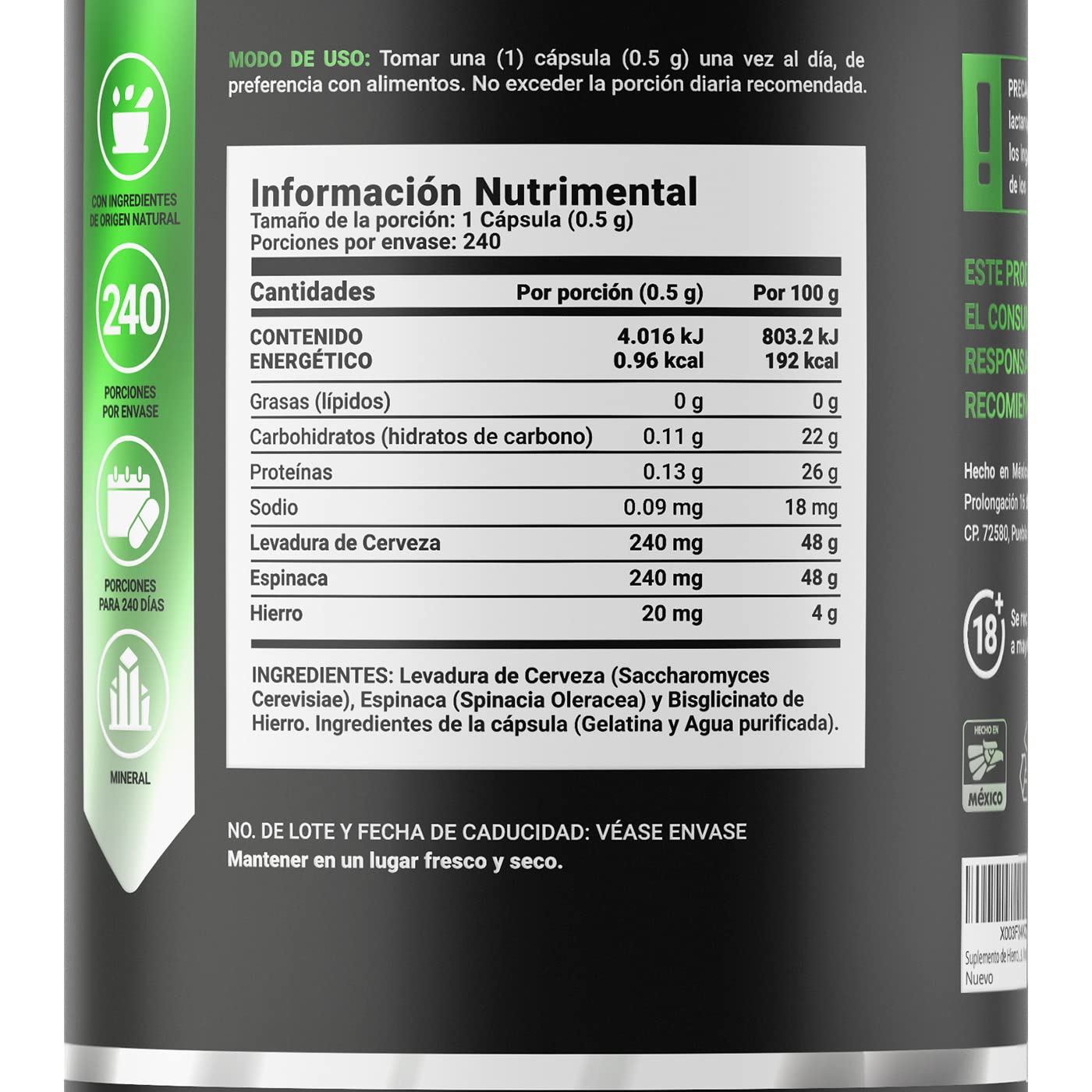 Hierro de 240 Cápsulas con Levadura de Cerveza y Espinaca. Ingredientes naturales. Iron Blend B Life.