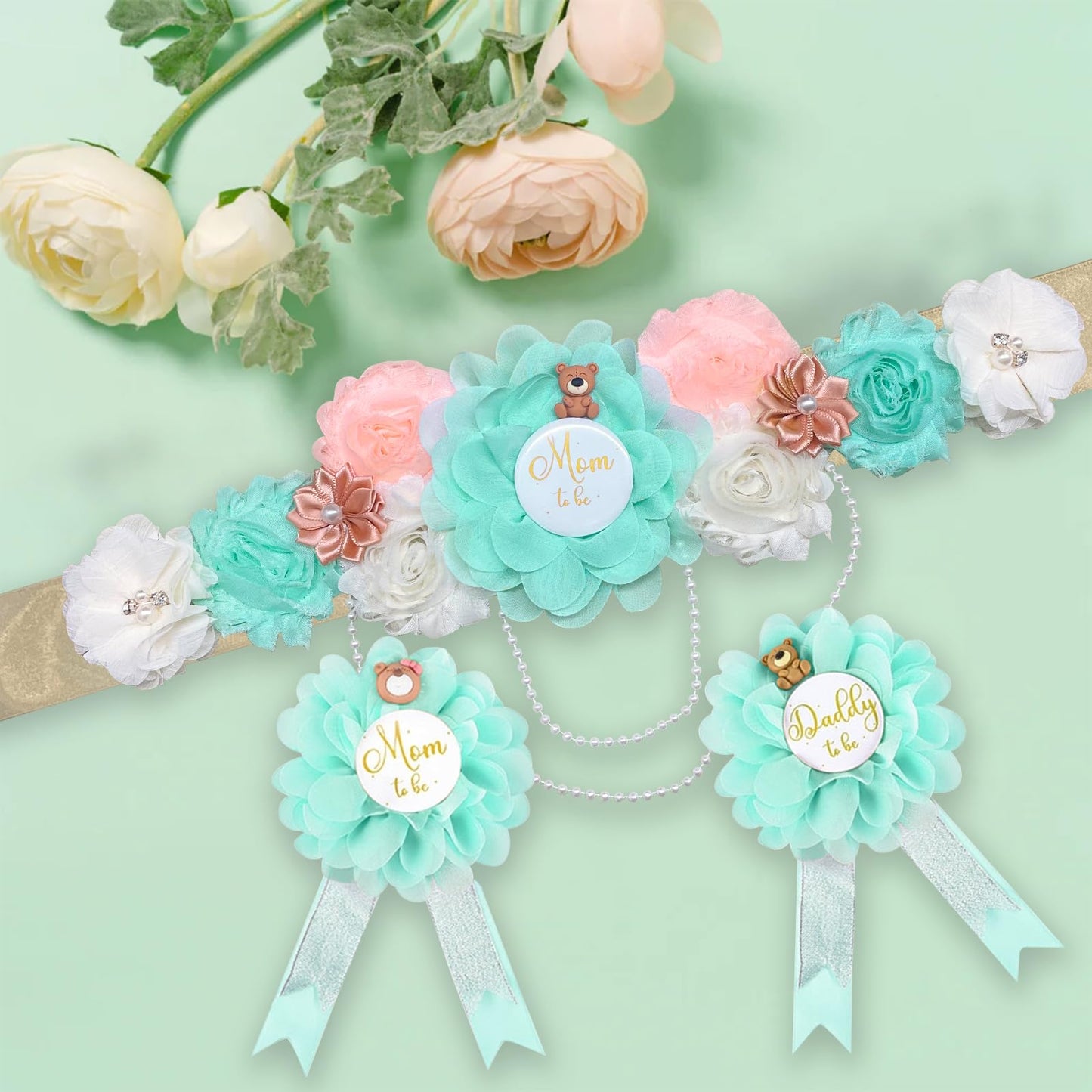 Set de banda y ramillete para revelación de género para maternidad y para ser mamá y papá Ramillete con tema de vegetación Decoraciones de baby shower Banda para la barriga en color agua Revelación de