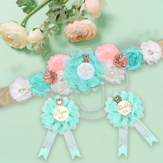 Set de banda y ramillete para revelación de género para maternidad y para ser mamá y papá Ramillete con tema de vegetación Decoraciones de baby shower Banda para la barriga en color agua Revelación de