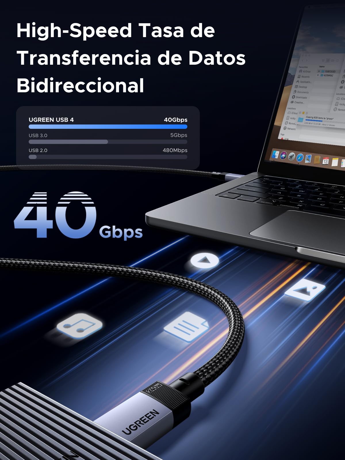 Cable de Datos USB C UGREEN 240W Negro 40Gbps USB4.0 GEN3 8K 60Hz 1M