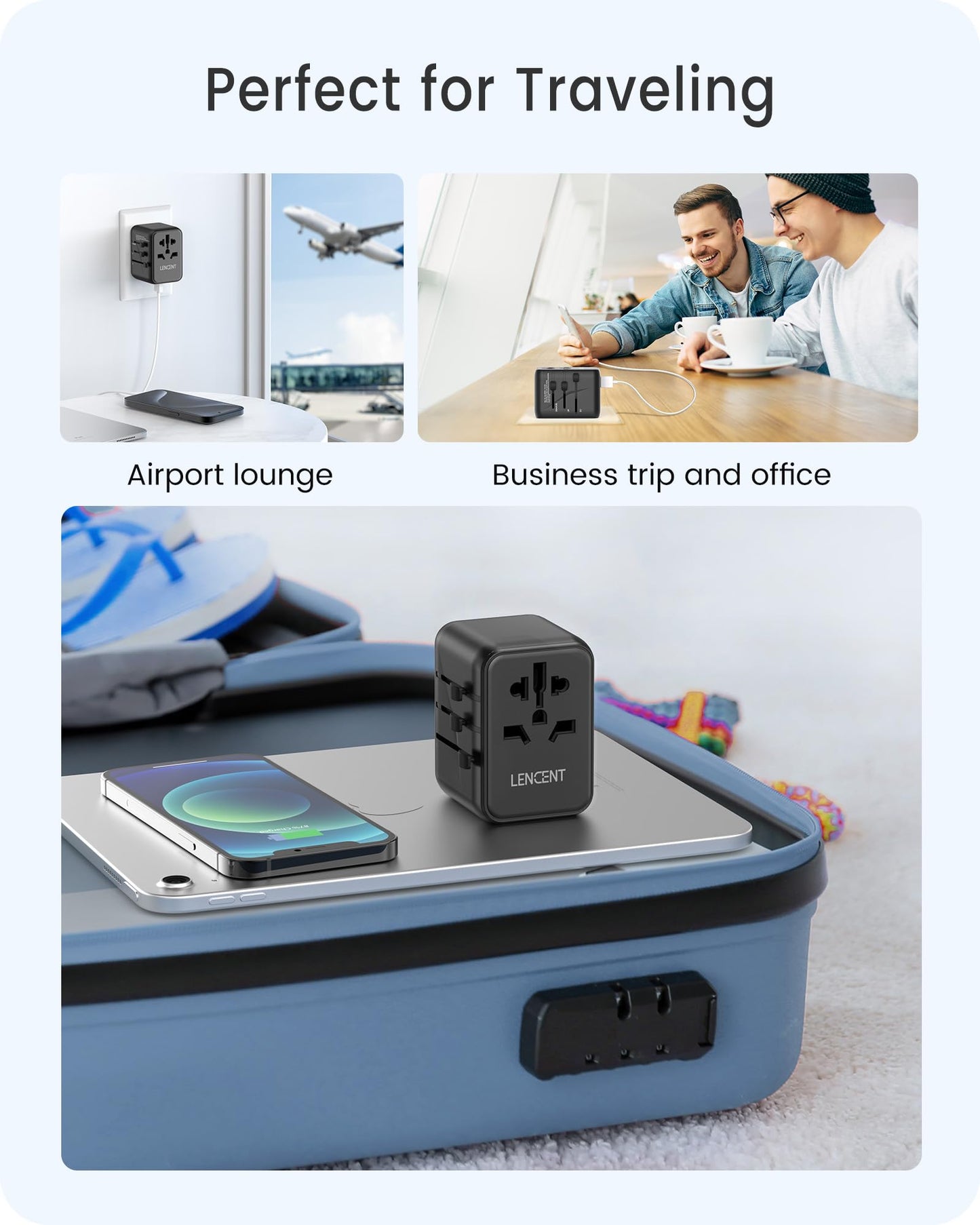 LENCENT Adaptador de Viaje Universal, Cargador Internacional PD20W con 2 Puertos USB y Carga Rápida Tipo C, Cargador de Pared Mundial para iPhone, Samsung, Laptop, Enchufe USA/UK/UE/AUS, Negro