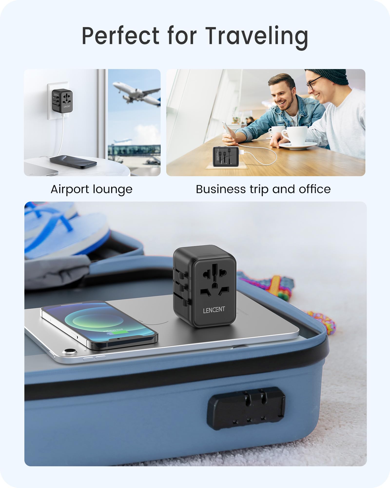 LENCENT Adaptador de Viaje Universal, Cargador Internacional PD20W con 2 Puertos USB y Carga Rápida Tipo C, Cargador de Pared Mundial para iPhone, Samsung, Laptop, Enchufe USA/UK/UE/AUS, Negro