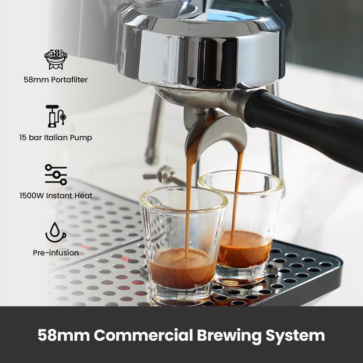 Máquina de café expreso, máquina de café espresso semiautomática profesional de 15 barras con espumador de leche y tanque de agua extraíble de 64 onzas, doble visualización, para capuchino, café con