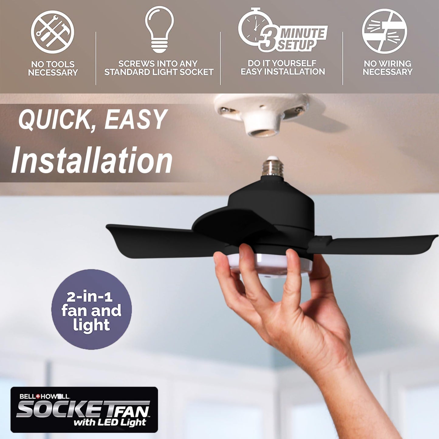 Bell + Howell - Ventilador de techo con socket, con luces led y control remoto, repuesto de foco, para dormitorio, cocina, sala, 1000 lúmenes, 5000 Kelvins, negro