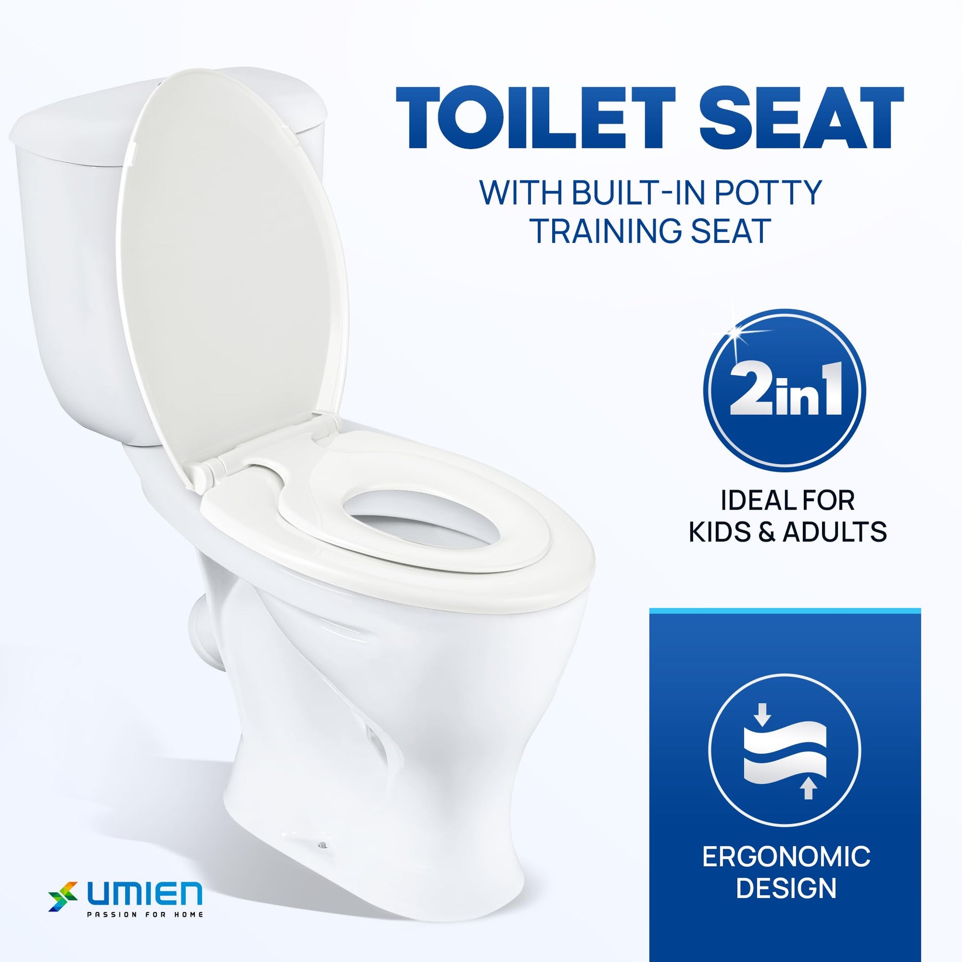 UMIEN - Asiento de inodoro 2 en 1 para niños pequeños y adultos, entrenamiento para ir al baño fácil de instalar, alargado