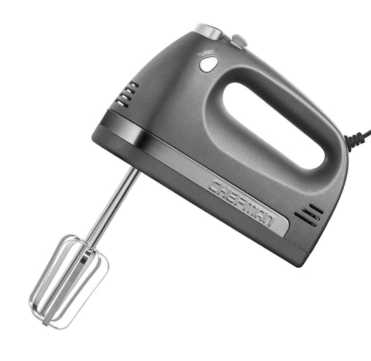 Chefman, Batidora de Mano, 5 Velocidades, Turbo Power, Mezcla, Bate y Amasa, Aspas de Acero Inoxidable, Diseño Ergonómico que te dara versatilidad en la cocina, Gris