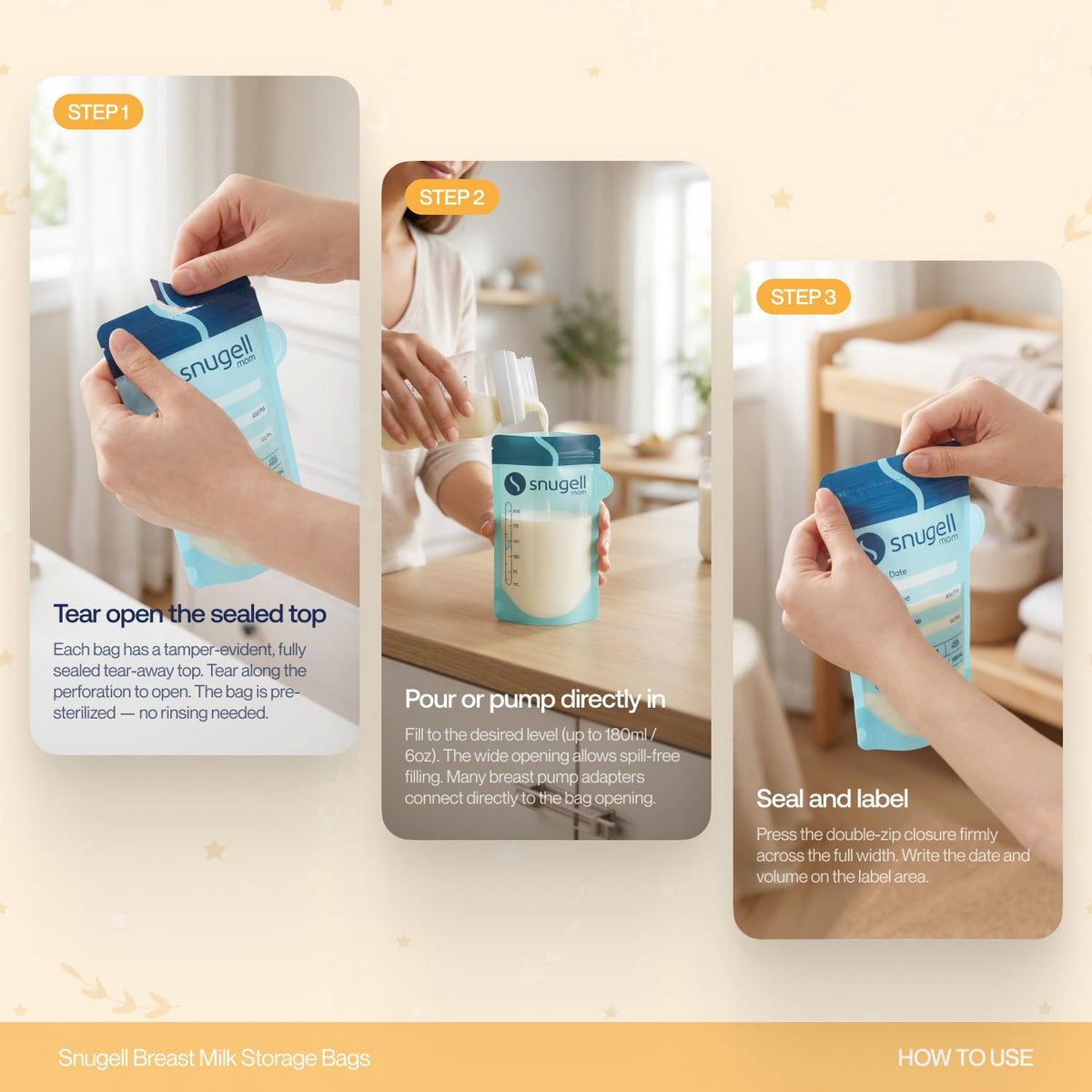 Snugell Bolsas de almacenamiento de leche materna / 180 ml, a prueba de fugas, sin BPA, duraderas y transparentes para una fácil visibilidad de la leche (100 unidades)