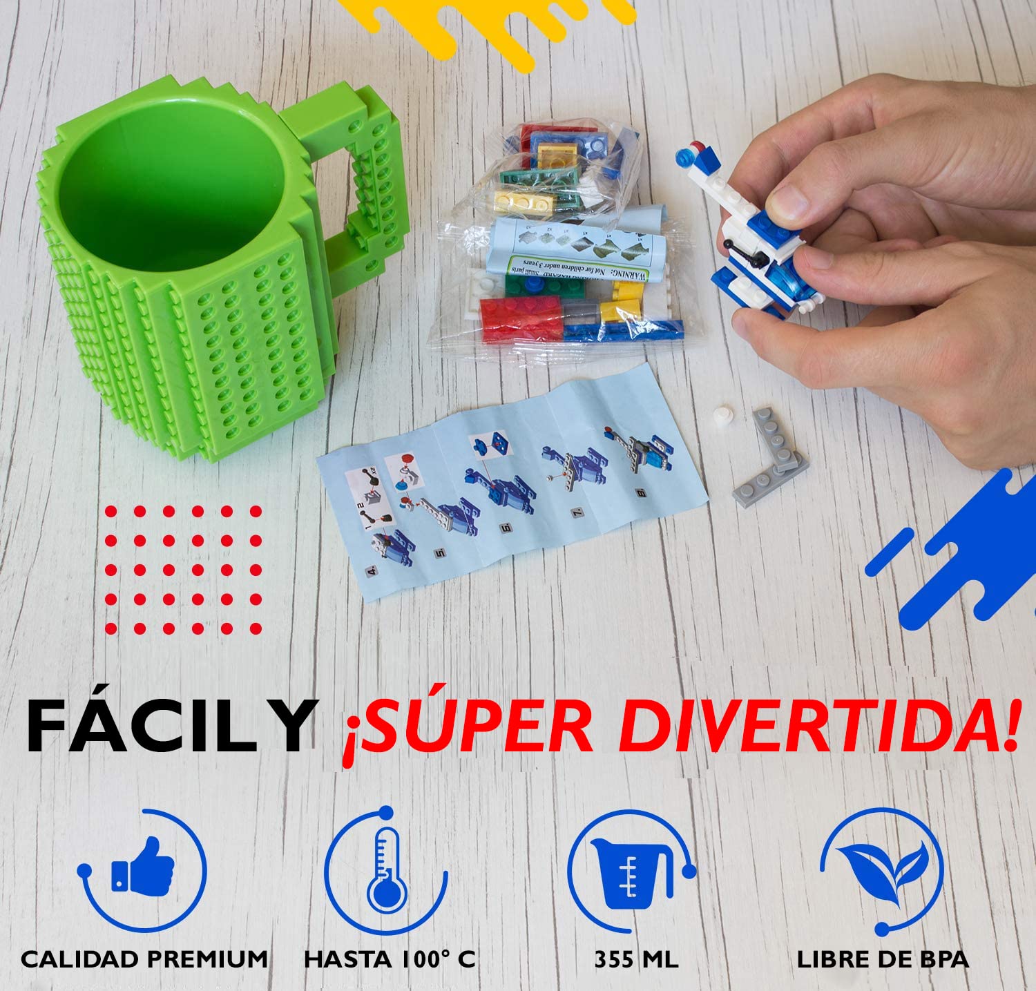 John & John Taza armable de diseño Divertido para Ladrillos, Incluye un muñeco y 2 Sets de Bloques de construcción para Jugar (10 Colores) - Verde