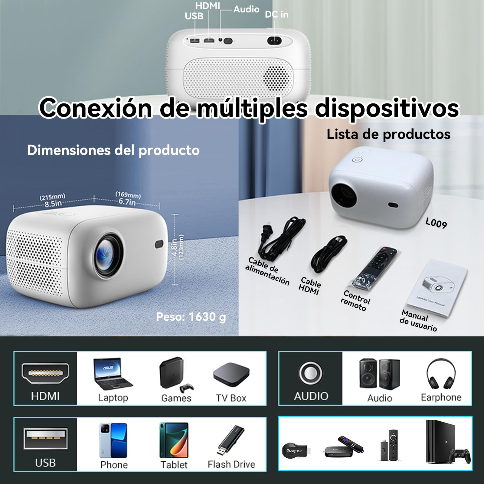 Mini Proyector Portátil 4K Android 11.0 Blanco Enfoque y Corrección Automática Para Cine en Casa